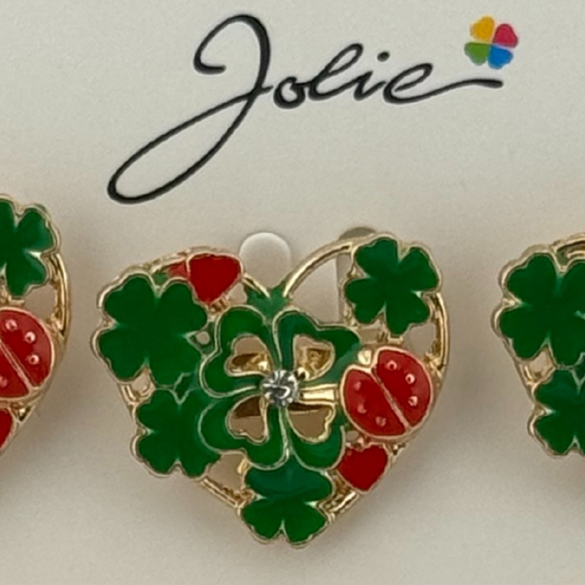 Set 12 Brose Martisor Primavara, Jolie, Model Inima Impodobita cu Trifoi si Buburuza, Verde