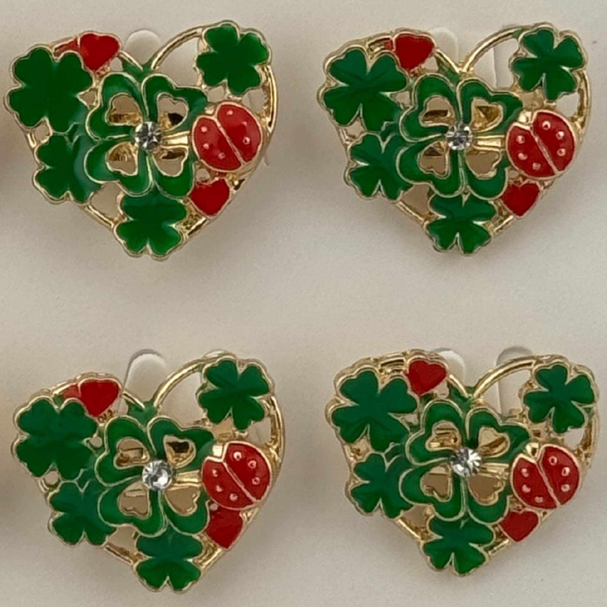 Set 12 Brose Martisor Primavara, Jolie, Model Inima Impodobita cu Trifoi si Buburuza, Verde