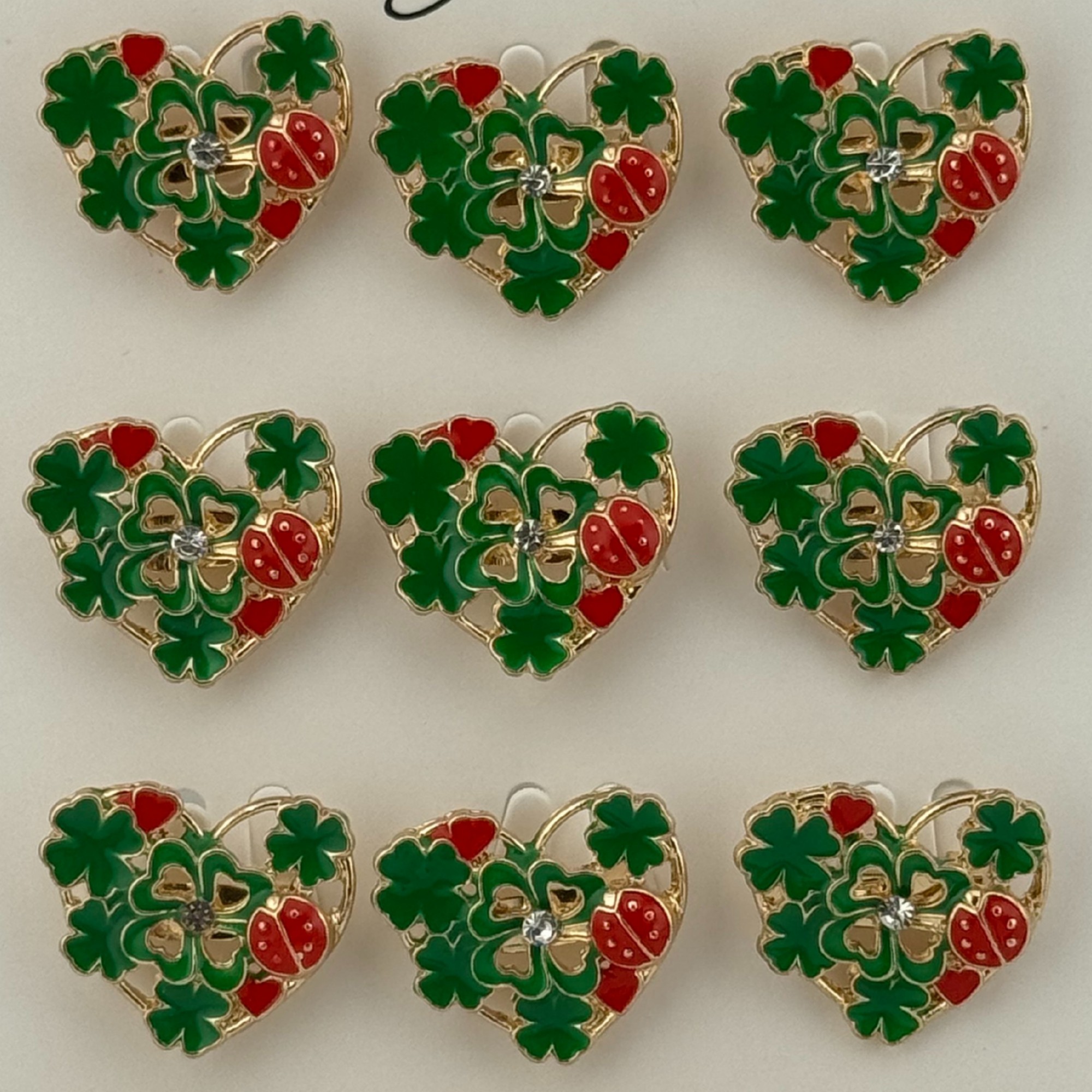 Set 12 Brose Martisor Primavara, Jolie, Model Inima Impodobita cu Trifoi si Buburuza, Verde