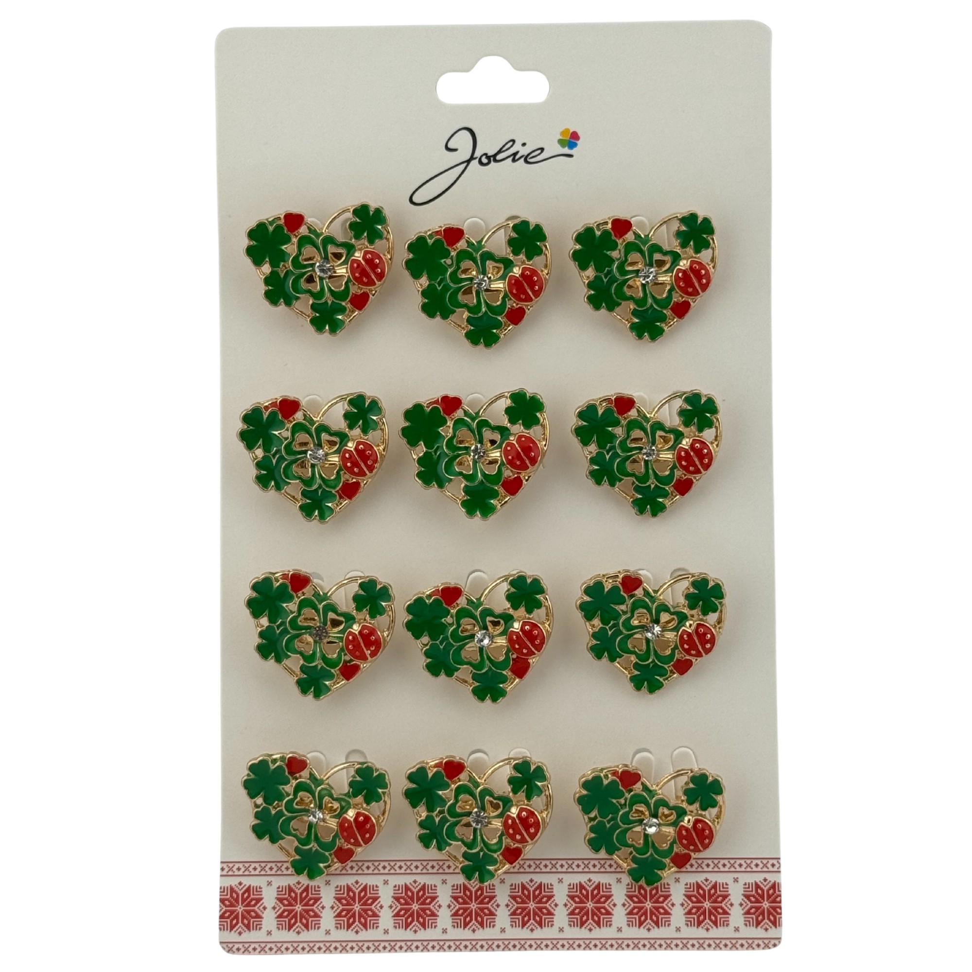 Set 12 Brose Martisor Primavara, Jolie, Model Inima Impodobita cu Trifoi si Buburuza, Verde