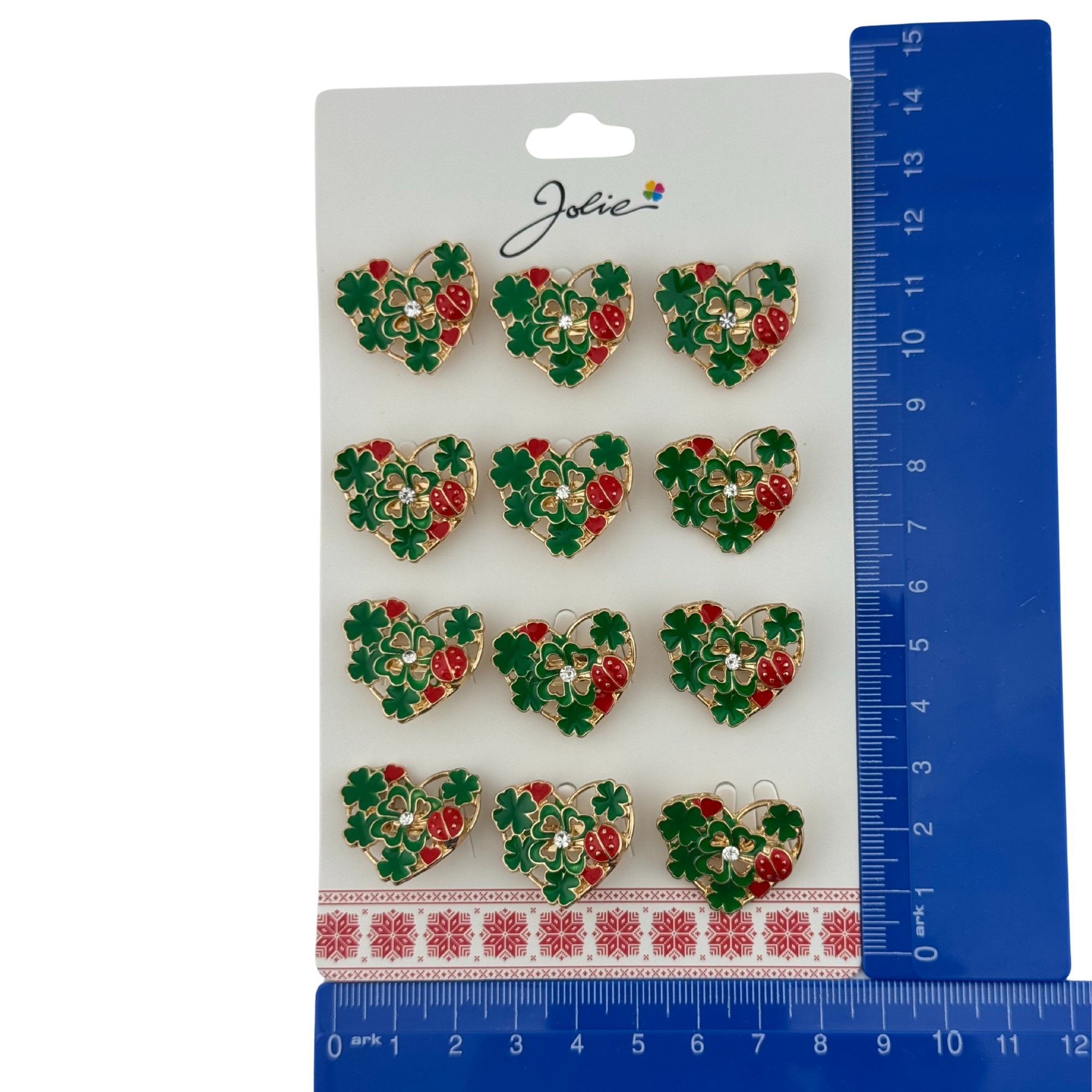 Set 12 Brose Martisor Primavara, Jolie, Model Inima Impodobita cu Trifoi si Buburuza, Verde