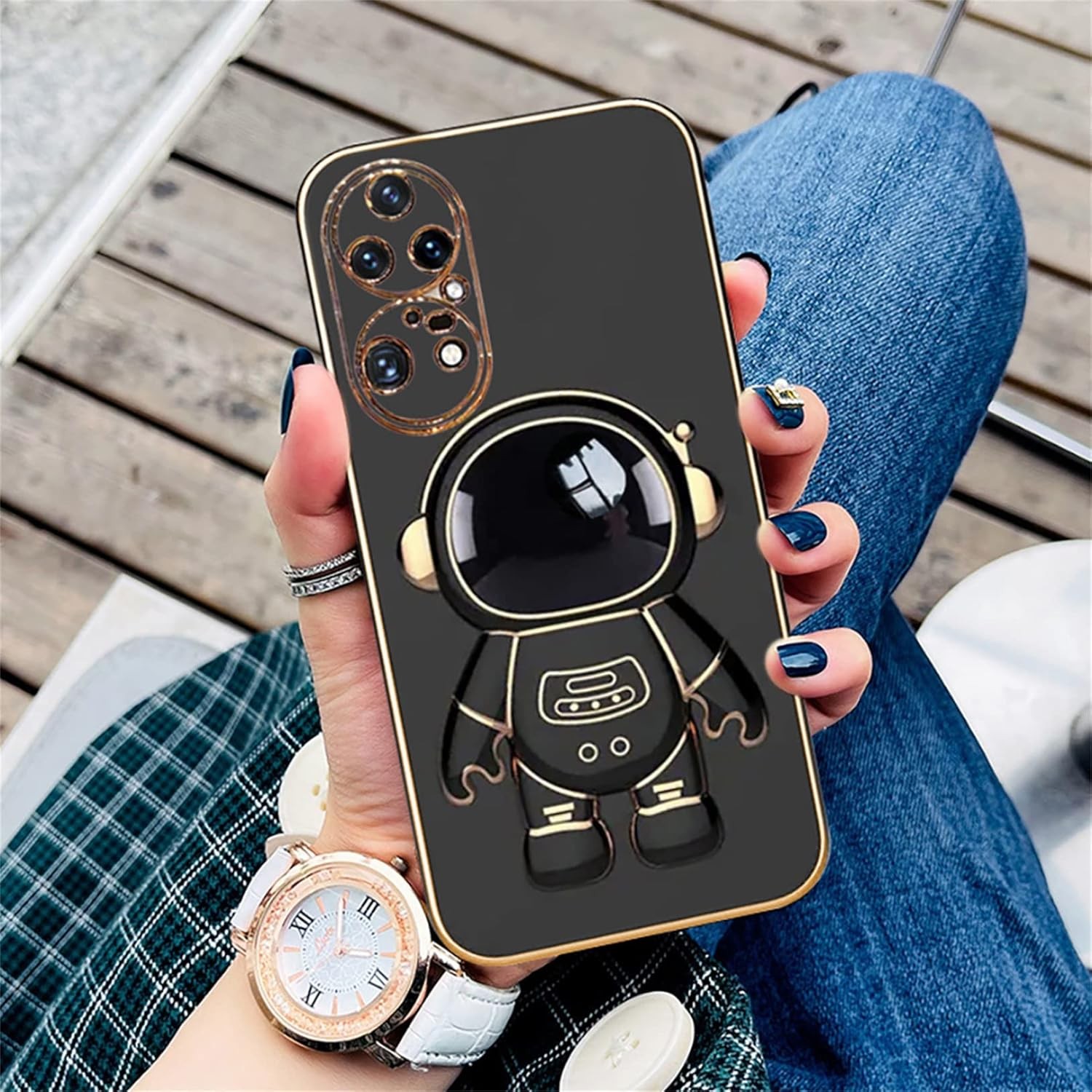 Husa Telefon 2in1, Flippy, Compatibila Huawei Mate 60 Pro, Carcasa TPU cu Suport Inclus Tip Astronaut, Protectie Camere, Negru