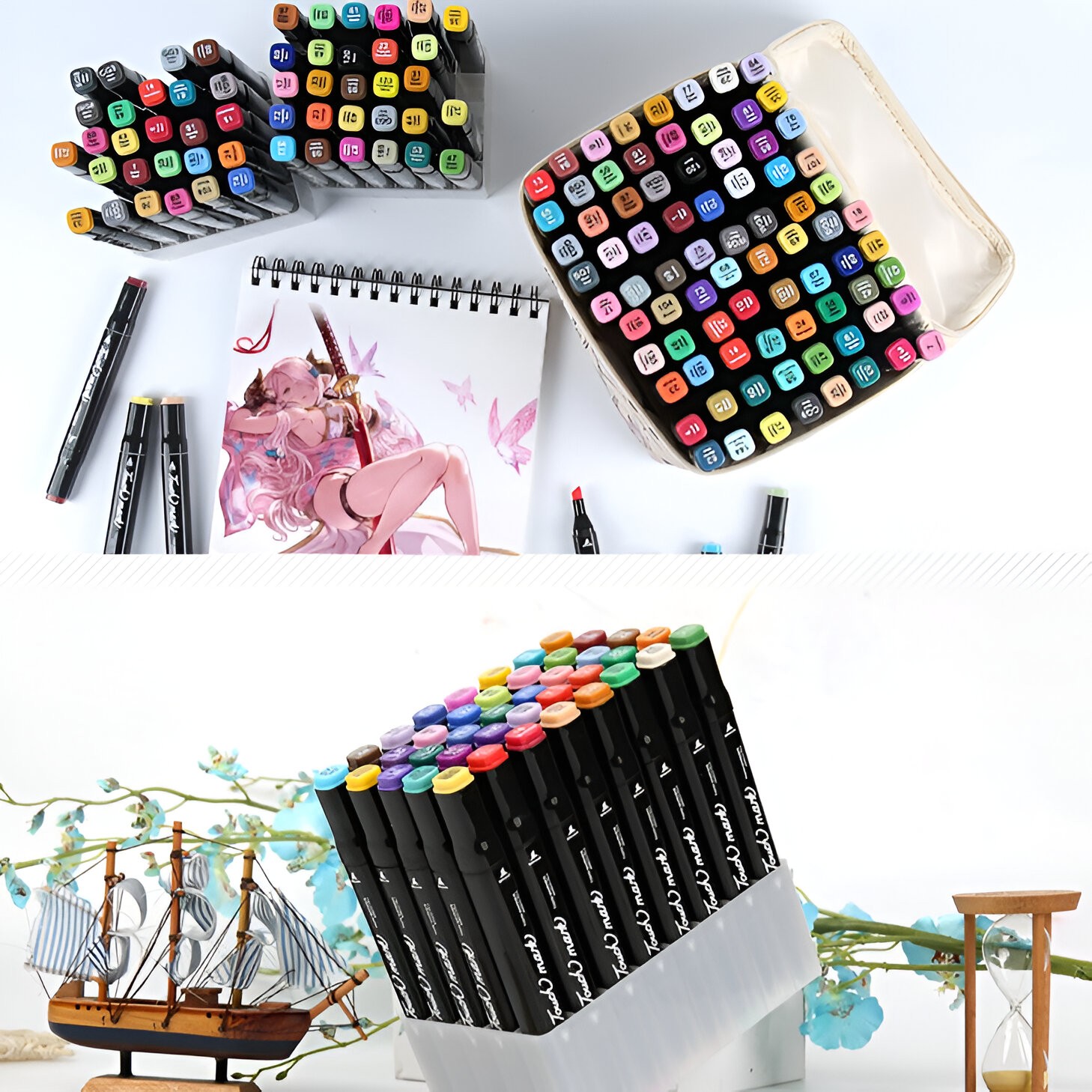 Set 60 Markere, Flippy, cu Alcool, Touch Room, Geanta Inclusa, 2 Varfuri, Multicolor