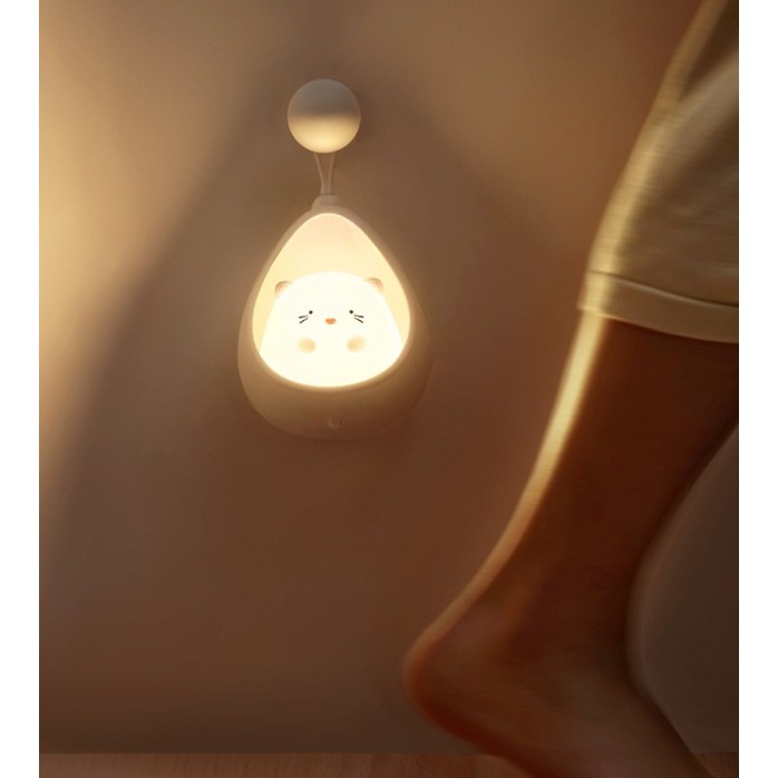 Lampa de Veghe, Flippy, Portabila, cu 2 Moduri de Functionare, Silicon Non-Toxic, Reincarcabila USB, Senzor Miscare, Model Pisica, Alb