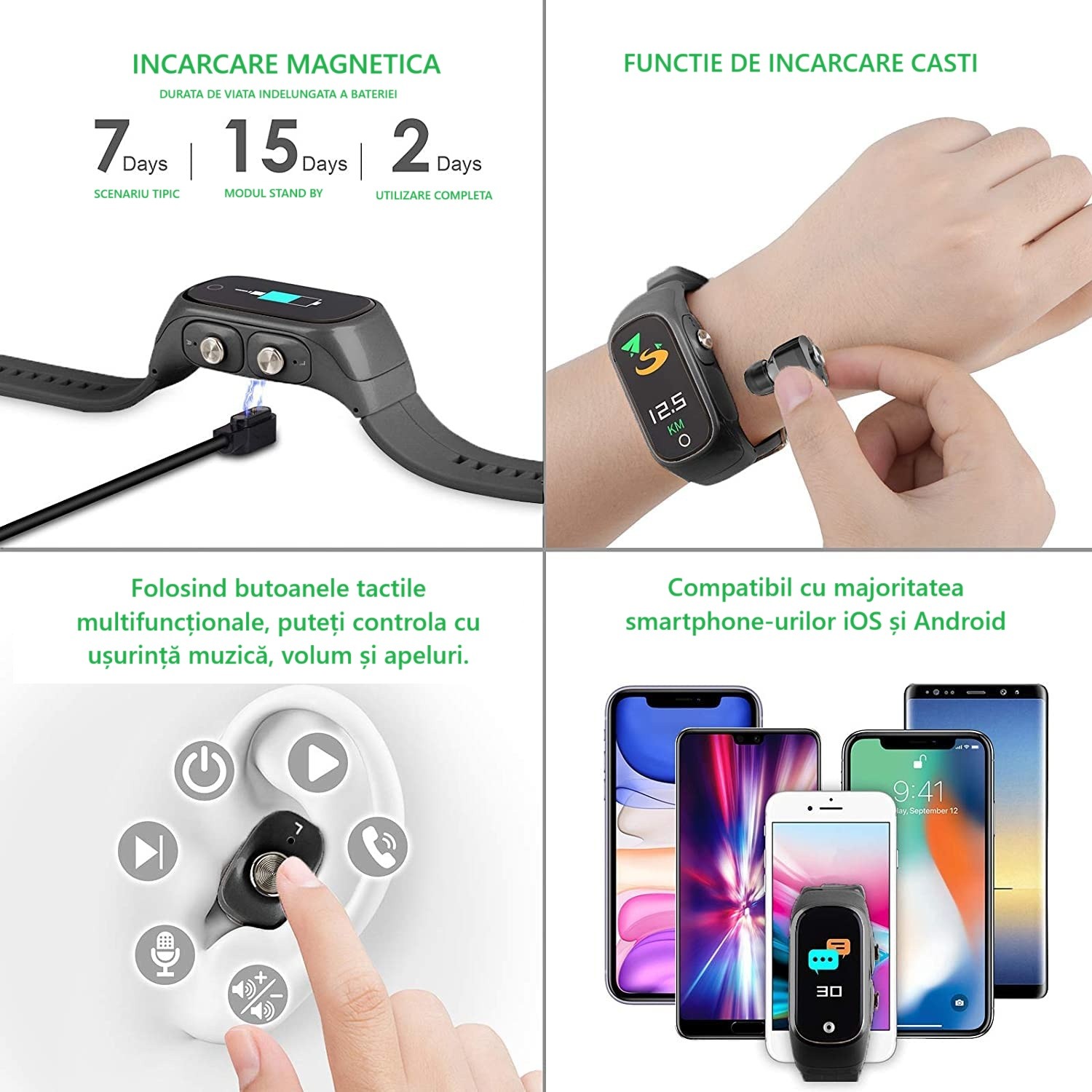 Ceas Smartwatch 2 in 1, cu Casti Bluetooth, N8 TWS, Plug in Lateral, Afisaj 1.47 inch, Rezolutie 172*320, Negru