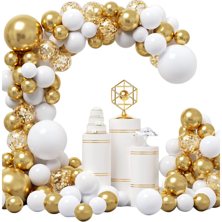Baloane pentru Arcada decorativa, Flippy, Set 127 baloane din Latex, Model Petrecere pentru Arcada, Baloane Party, 12 cm, 25 cm, 30 cm, Alb Gold
