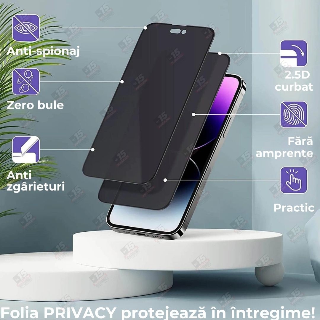 Folie Sticla Securizata, Flippy, Pentru Apple iPhone 16 Pro, Privacy Classic, 2.5D, Confidentialitate 30°, Negru Transparent