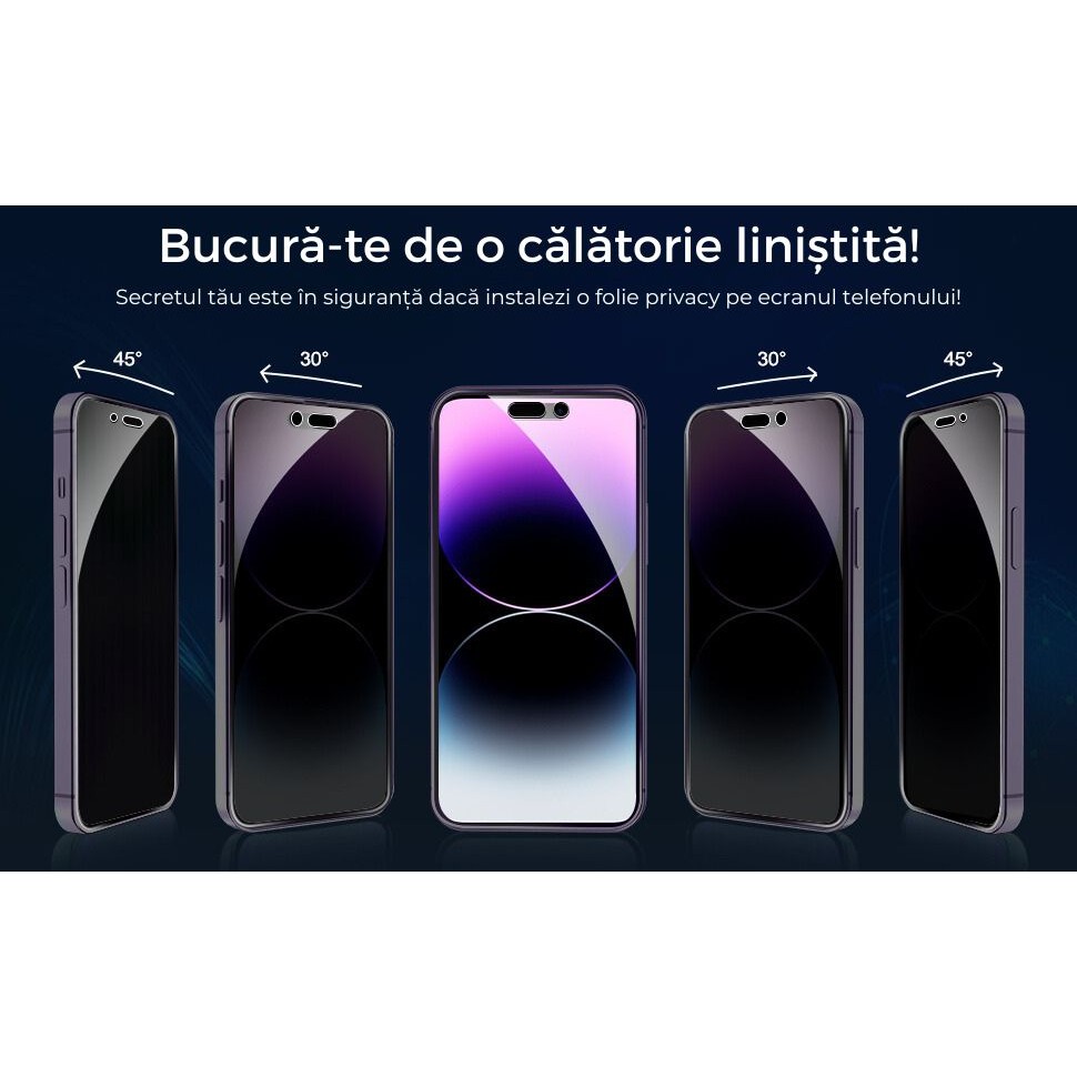 Folie Sticla Securizata, Flippy, Pentru Apple iPhone 16 Pro, Privacy Classic, 2.5D, Confidentialitate 30°, Negru Transparent