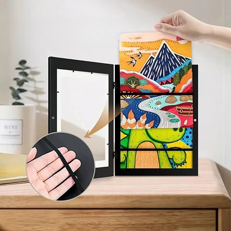 Rama Foto Flippy, din Plastic, cu Spatiu Pentru Depozitare, Pentru Desene si Picturi A4, Sticla Securizata, Negru