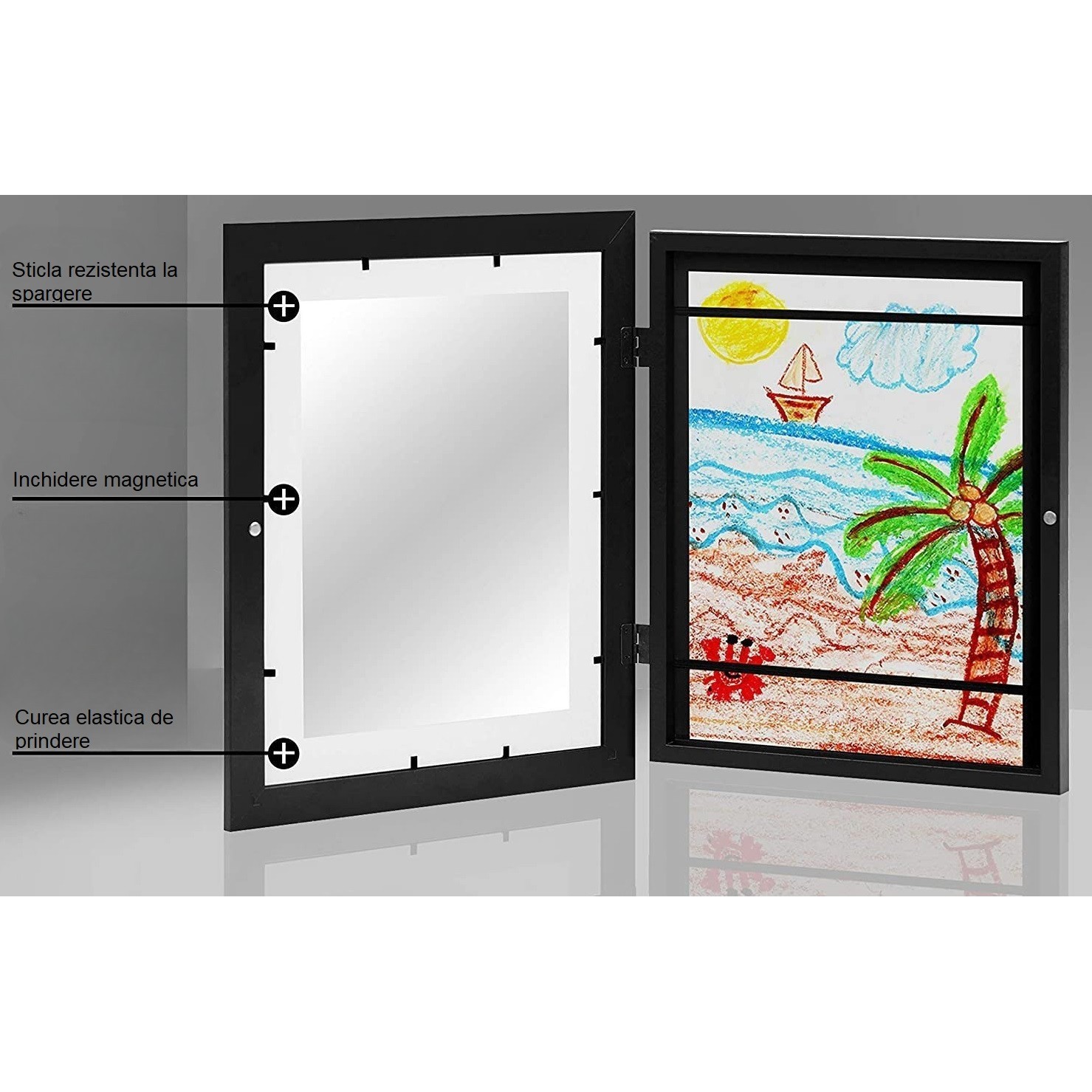Rama Foto Flippy, din Plastic, cu Spatiu Pentru Depozitare, Pentru Desene si Picturi A4, Sticla Securizata, Negru