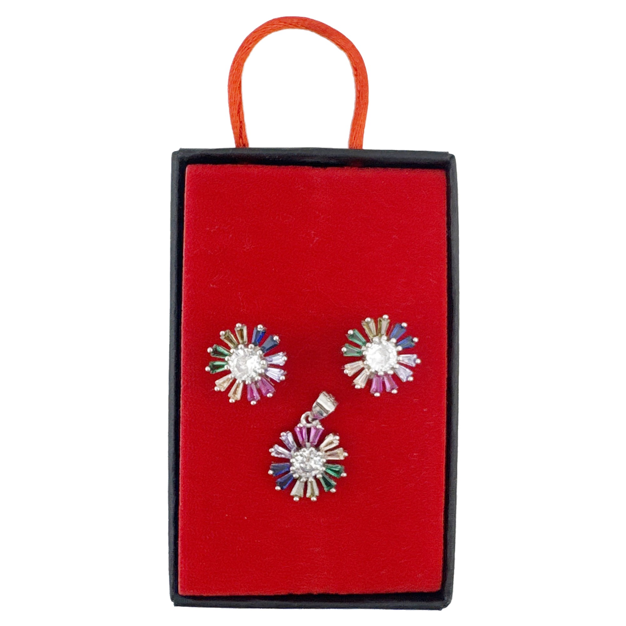 Set Bijuterii Dama Argint 925, Jolie, Model Flori Multicolore cu Mijloc Alb, Petale Drepte, 5.43 g, Multicolor/Argintiu