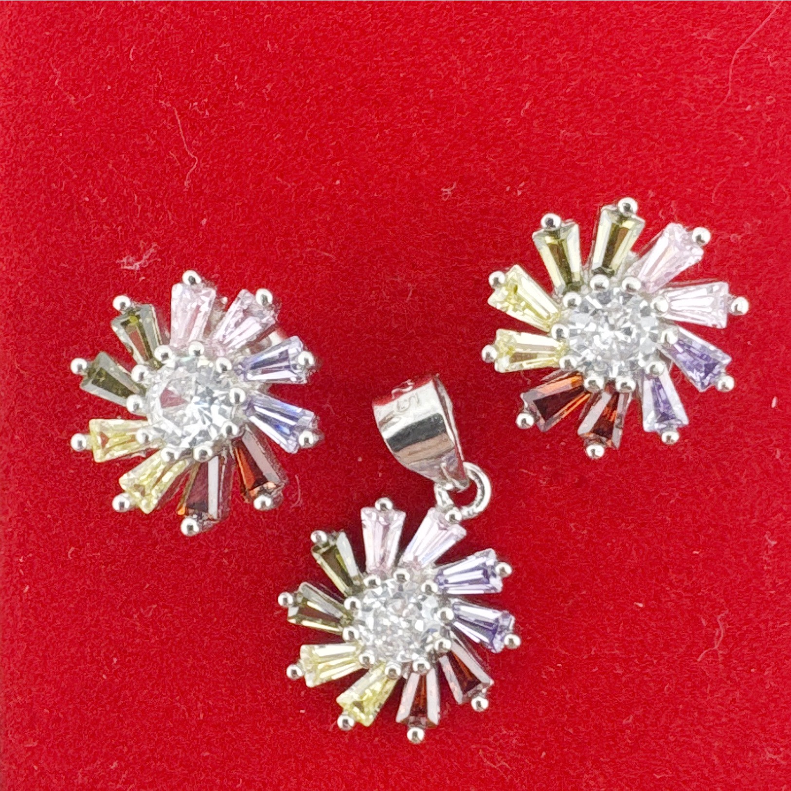 Set Bijuterii Dama Argint 925, Jolie, Model Flori Multicolore cu Mijloc Alb, Petale, 4.14 g, Multicolor/Argintiu