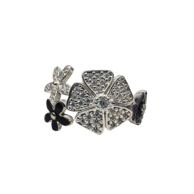 Inel pentru Dama Argint 925, Jolie, Model Trifoi cu Email Negru, 4.9 g, Marimea 56, Argintiu/Negru