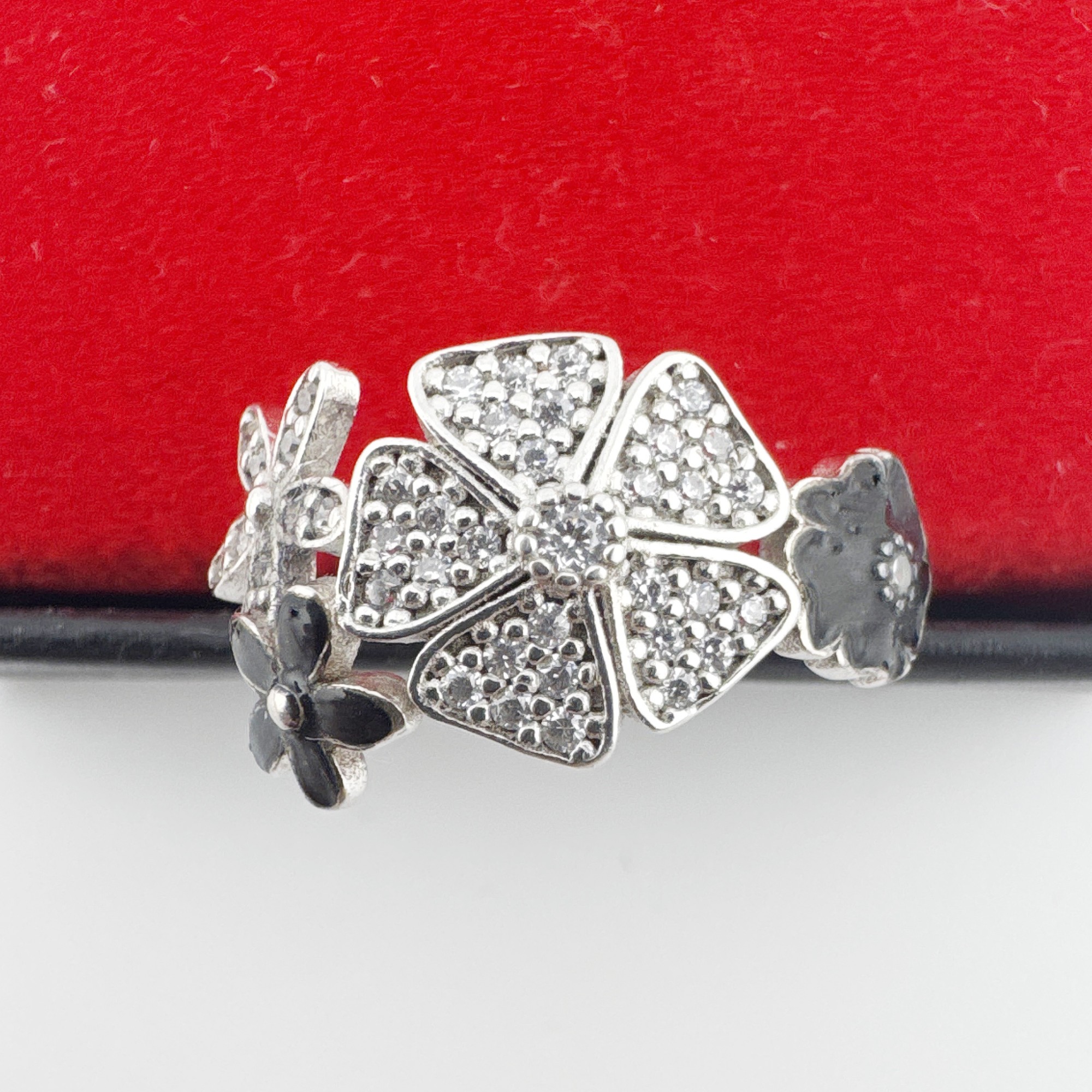 Inel pentru Dama Argint 925, Jolie, Model Trifoi cu Email Negru, 4.9 g, Marimea 60, Argintiu/Negru