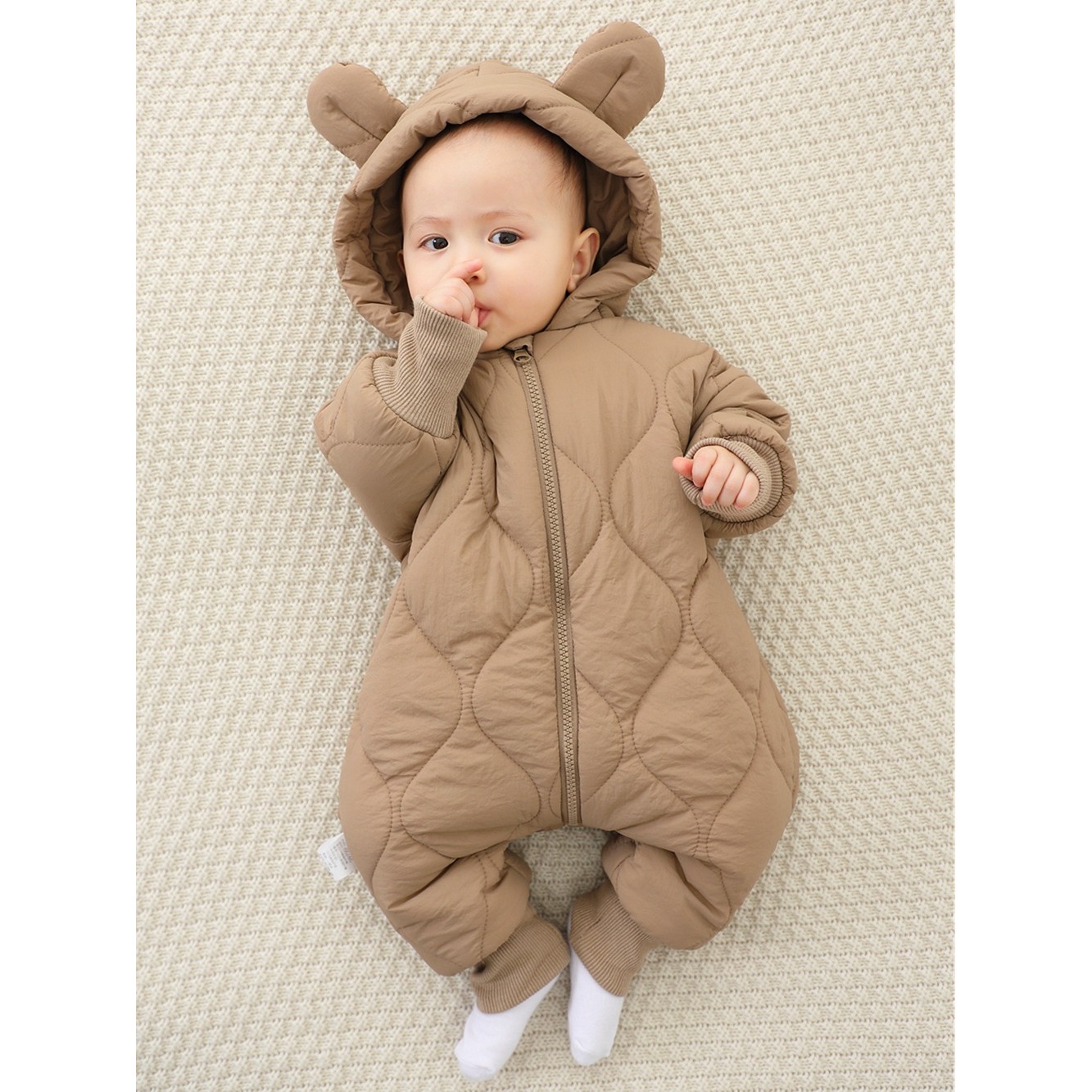 Combinezon de Iarna, Flippy, pentru Bebelusi, din Bumbac, cu Urechi, Mansete Elastice, Unisex, 66 cm, Maro