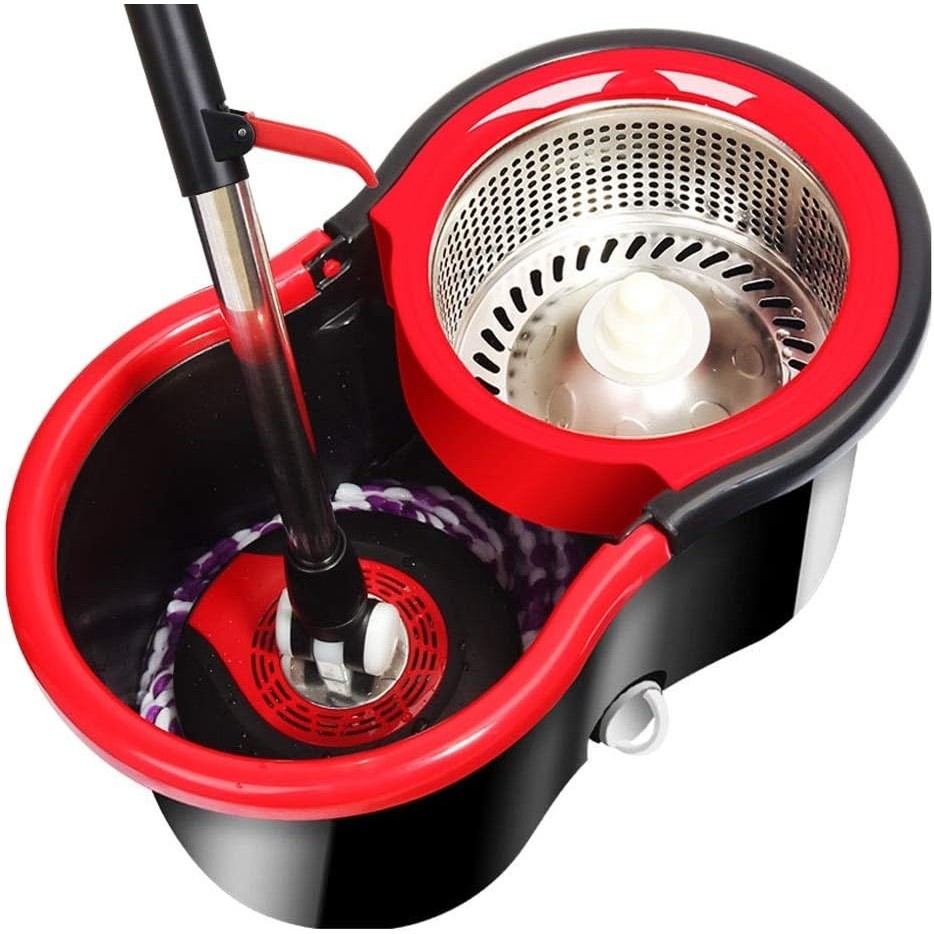 Set mop rotativ cu galeata Flippy, material plastic si microfibra, rezistent, cu dop scurgere, vas detasabil, pentru interior, capacitate 8 l, negru/rosu, Resigilat
