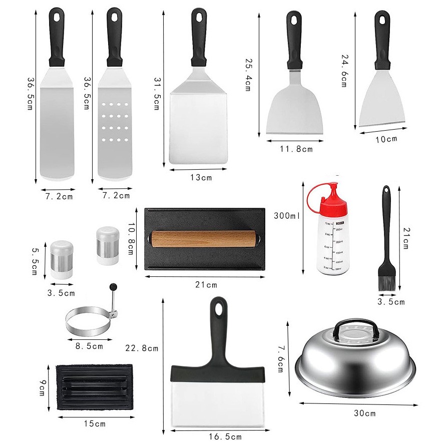 Ustensile pentru Gratar, Flippy, Set din 17 Ustensile pentru Gratar cu Preparare de tip Plita, Ustensile din Otel Inoxidabil cu Manere din Plastic PP, cu Geanta, Negru