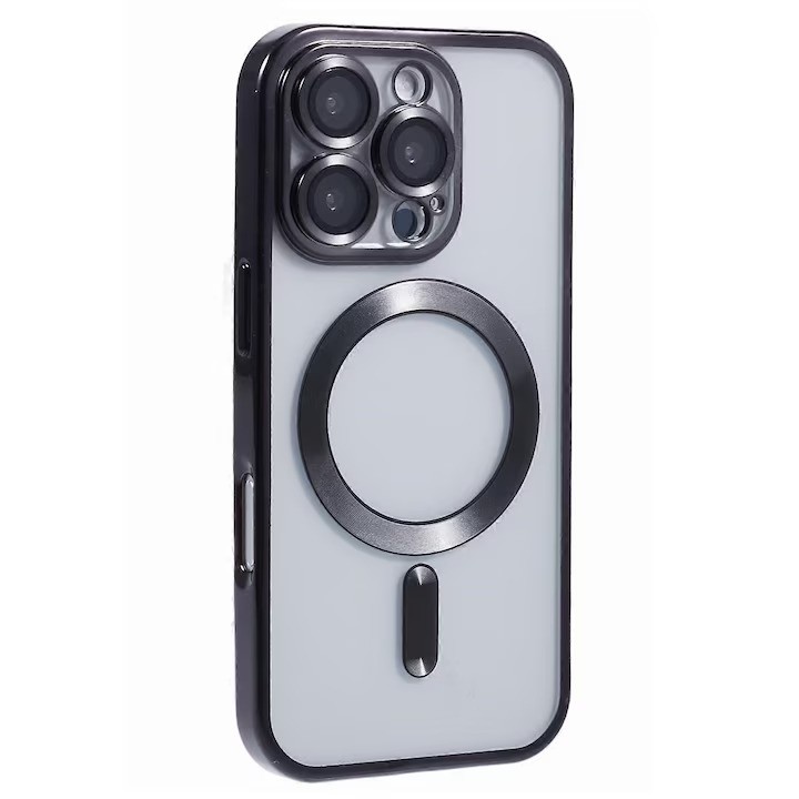 Husa de Protectie Compatibil cu iPhone 16 Pro Max, Flippy, Incarcare Wireless, Tehnologie Magsafe, Carcasa din TPU/ PC, Protectie Camera, Antisoc, Antizgariere, Negru - Transparent