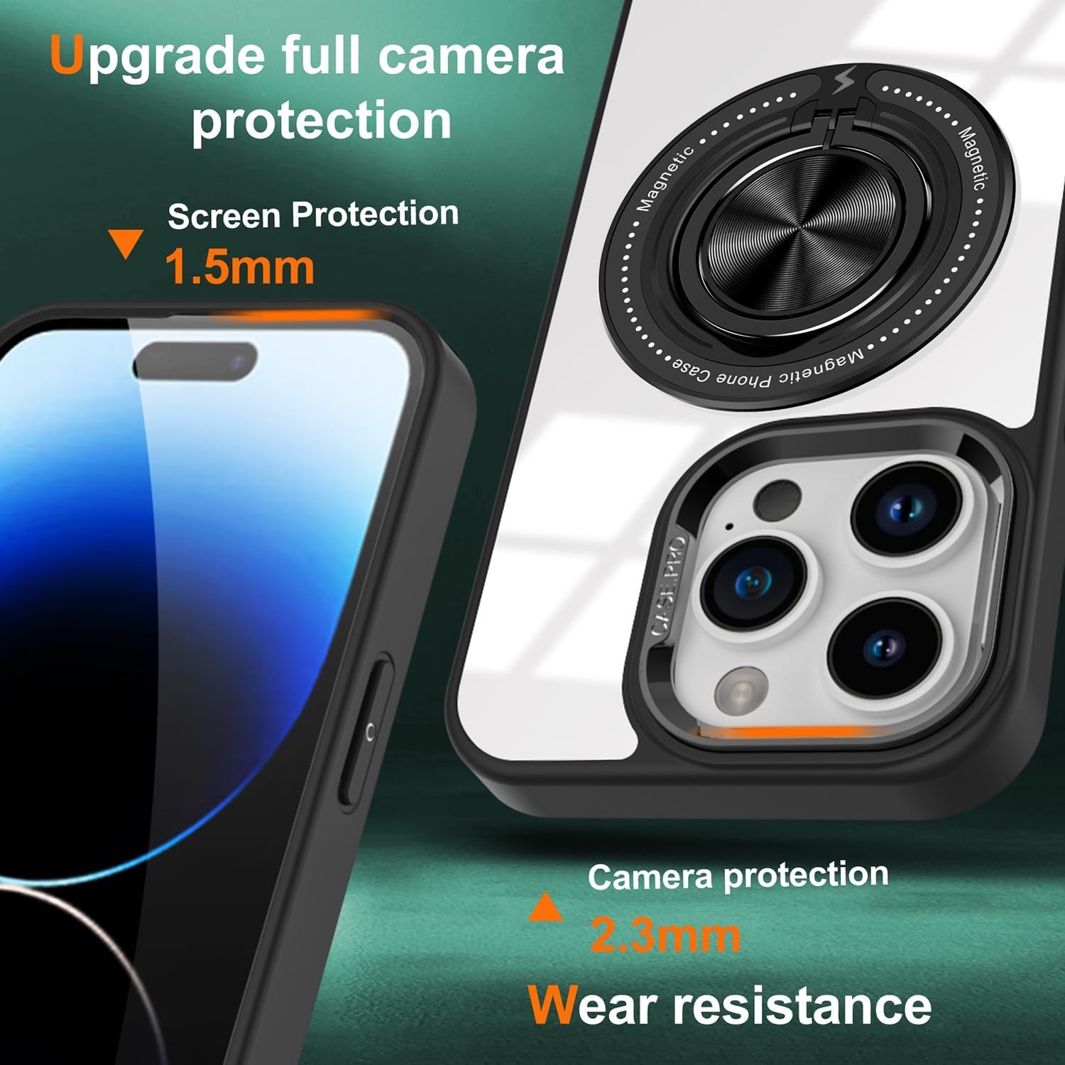 Husa de Protectie TPU, Flippy, pentru iPhone 16 Pro Max, Anticadere, cu Incarcare Wireless, Tehnologie Magsafe, Inel Magnetic Rotativ cu Functie de Suport, Transparent-Negru