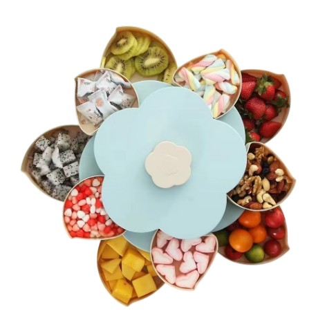 Tava pentru Servire, Flippy, pentru Fructe / Legume / Snackuri, cu Sertare, Deschidere Rotativa, pe 2 Straturi, in Forma de Floare, 26 x 26 x 11.5 cm Albastru