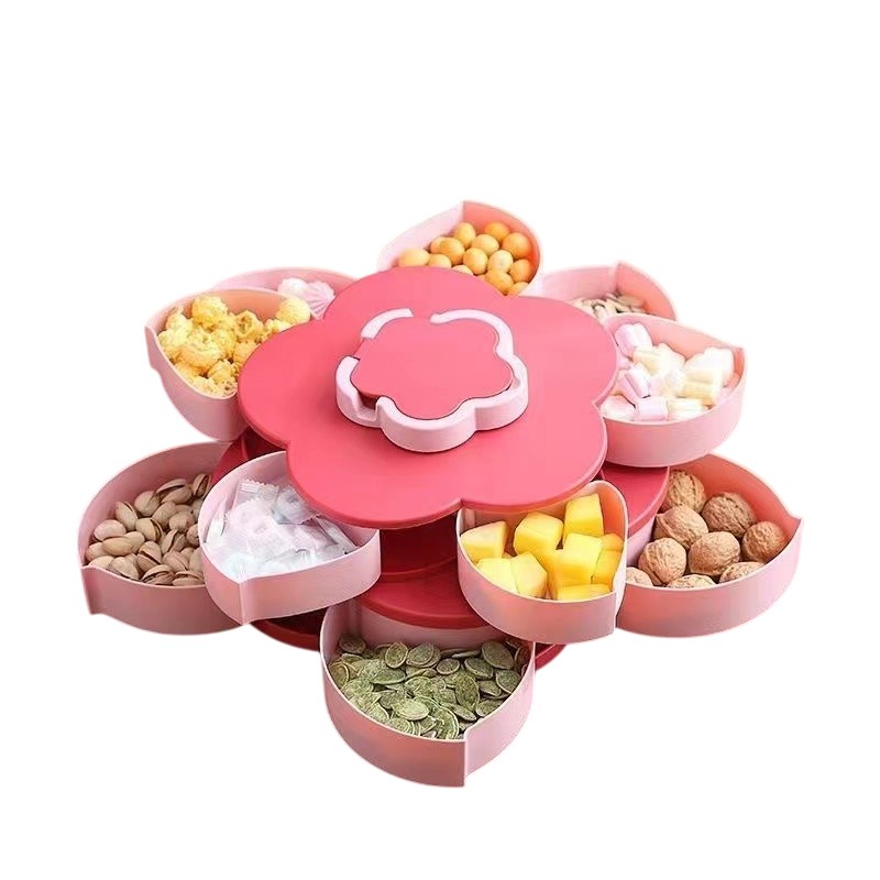 Tava pentru Servire, Flippy, pentru Fructe / Legume / Snackuri, cu Sertare, Deschidere Rotativa, pe 2 Straturi, in Forma de Floare, 26 x 26 x 11.5 cm Roz