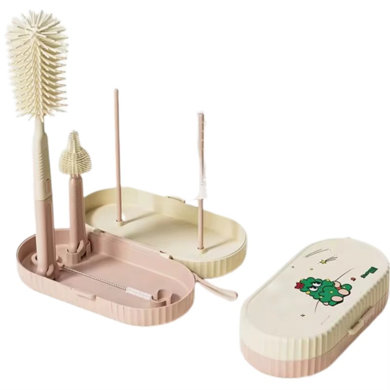 Set 7 Piese de Spalat/Uscat Biberoane, Flippy, Portabil, Peri de Silicon, pentru Tetine, Suzete, Biberoane, Paie, Cutie Inclusa, 20 x 9.5 cm, Roz