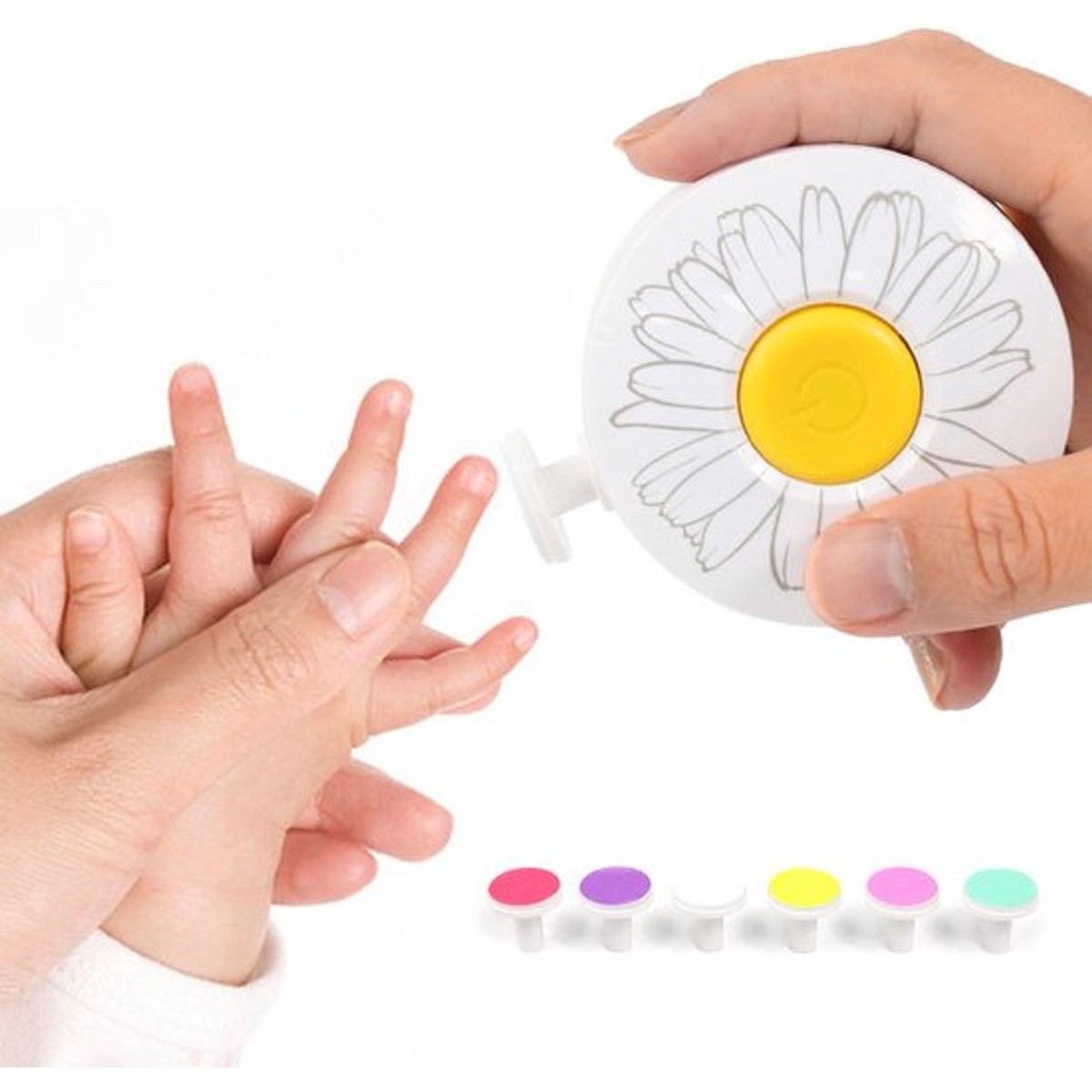 Set Pila Electrica pentru Copii si Bebelusi, Flippy, ABS, Incarcare USB, Model cu Flori, 6 Accesorii, cu Lumina LED, Alb