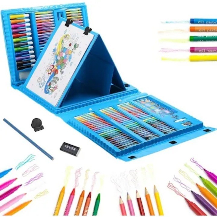 Set 208 Piese, Complet pentru Pictura si Desen, Flippy, Tip Servieta, 3-12 Ani, 32 x 27 x 5 cm, Albastru