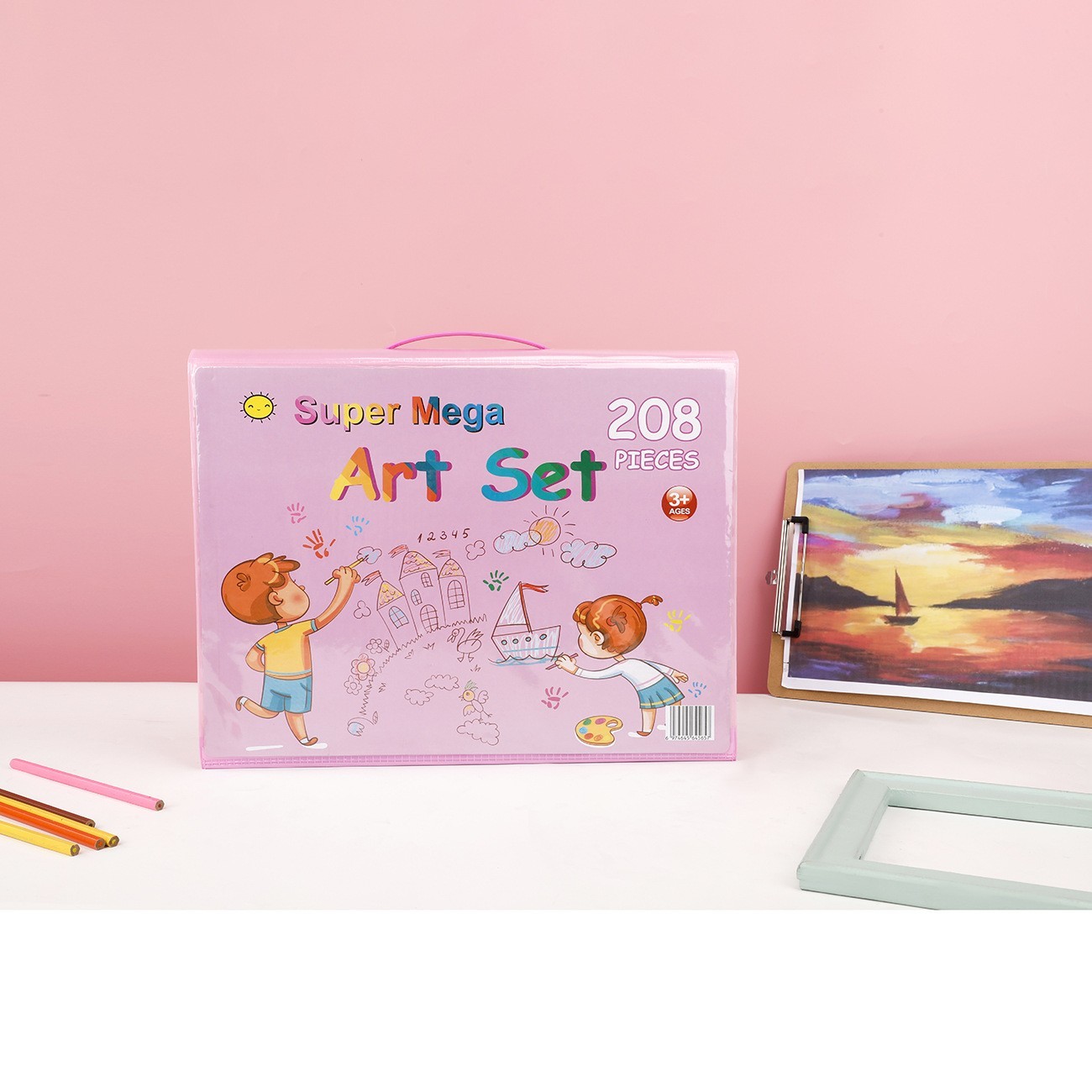 Set 208 Piese, Complet pentru Pictura si Desen, Flippy, Tip Servieta, 3-12 Ani, 32 x 27 x 5 cm, Roz
