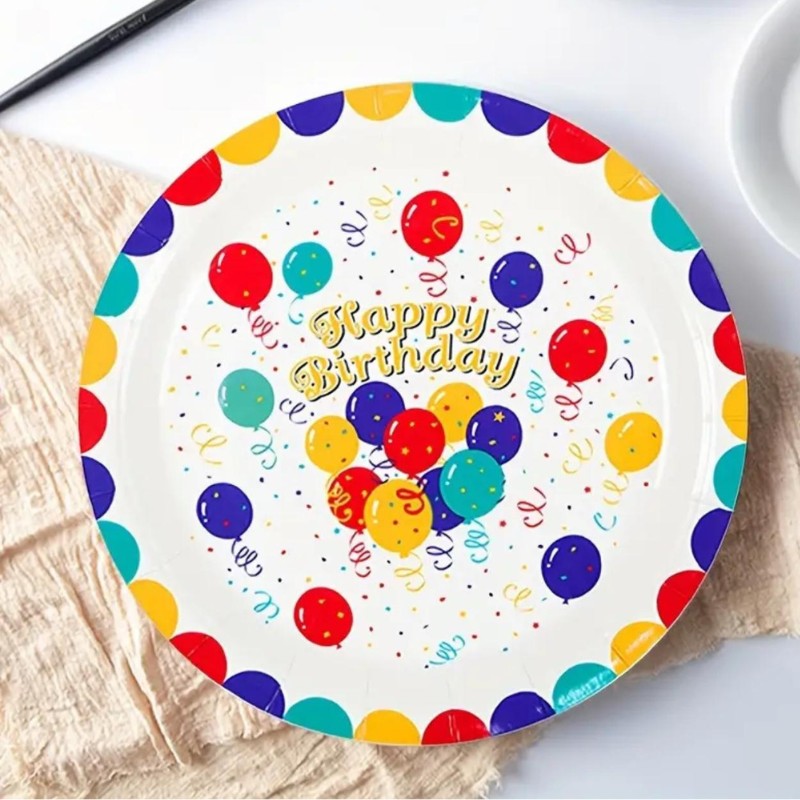 Set 10 Farfurii de Unica Folosinta, Flippy, din Carton, 18 cm, Model Happy Birthday, Multicolor