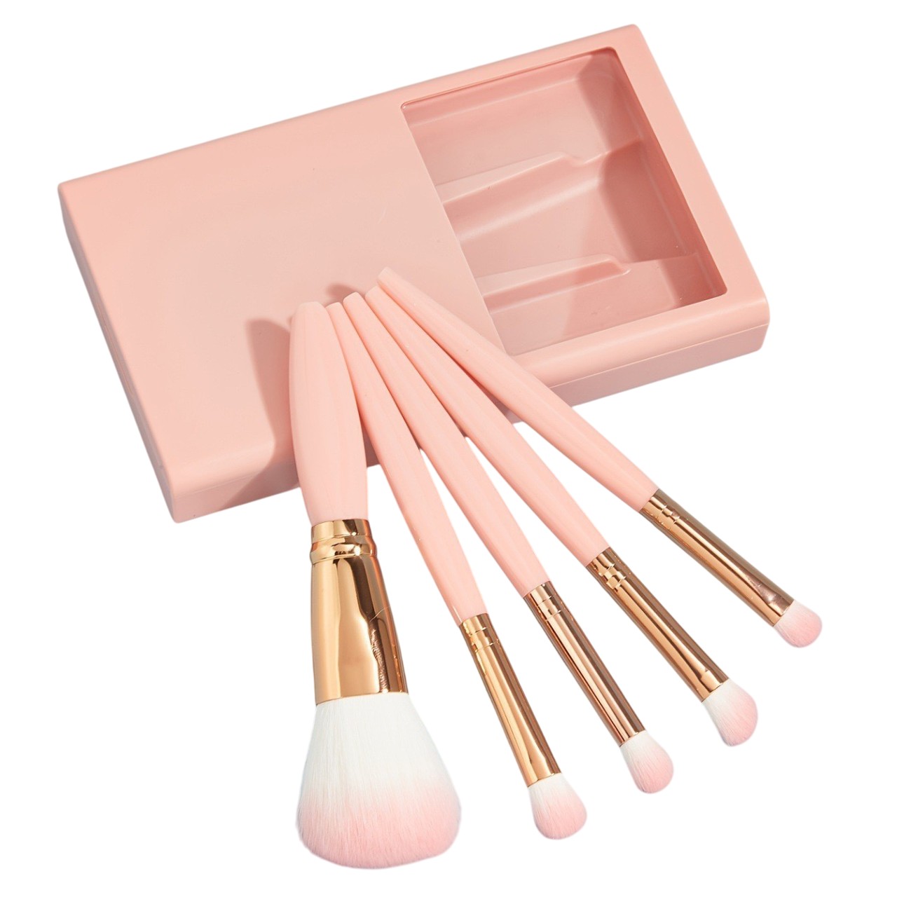 Set 5 Pensule de Machiaj cu Peri Moi, Flippy, cu Suport pentru Depozitare si Oglinda, Roz