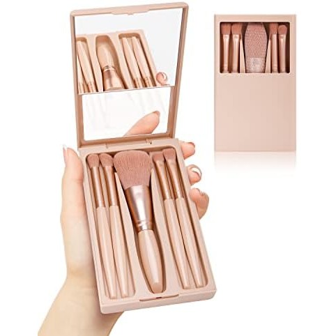 Set 5 Pensule de Machiaj cu Peri Moi, Flippy, cu Suport pentru Depozitare si Oglinda, Roz Pal