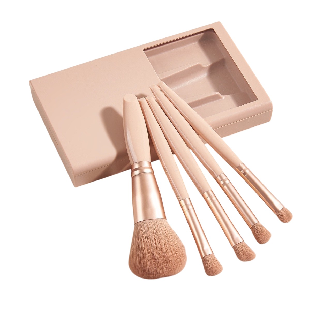 Set 5 Pensule de Machiaj cu Peri Moi, Flippy, cu Suport pentru Depozitare si Oglinda, Roz Pal