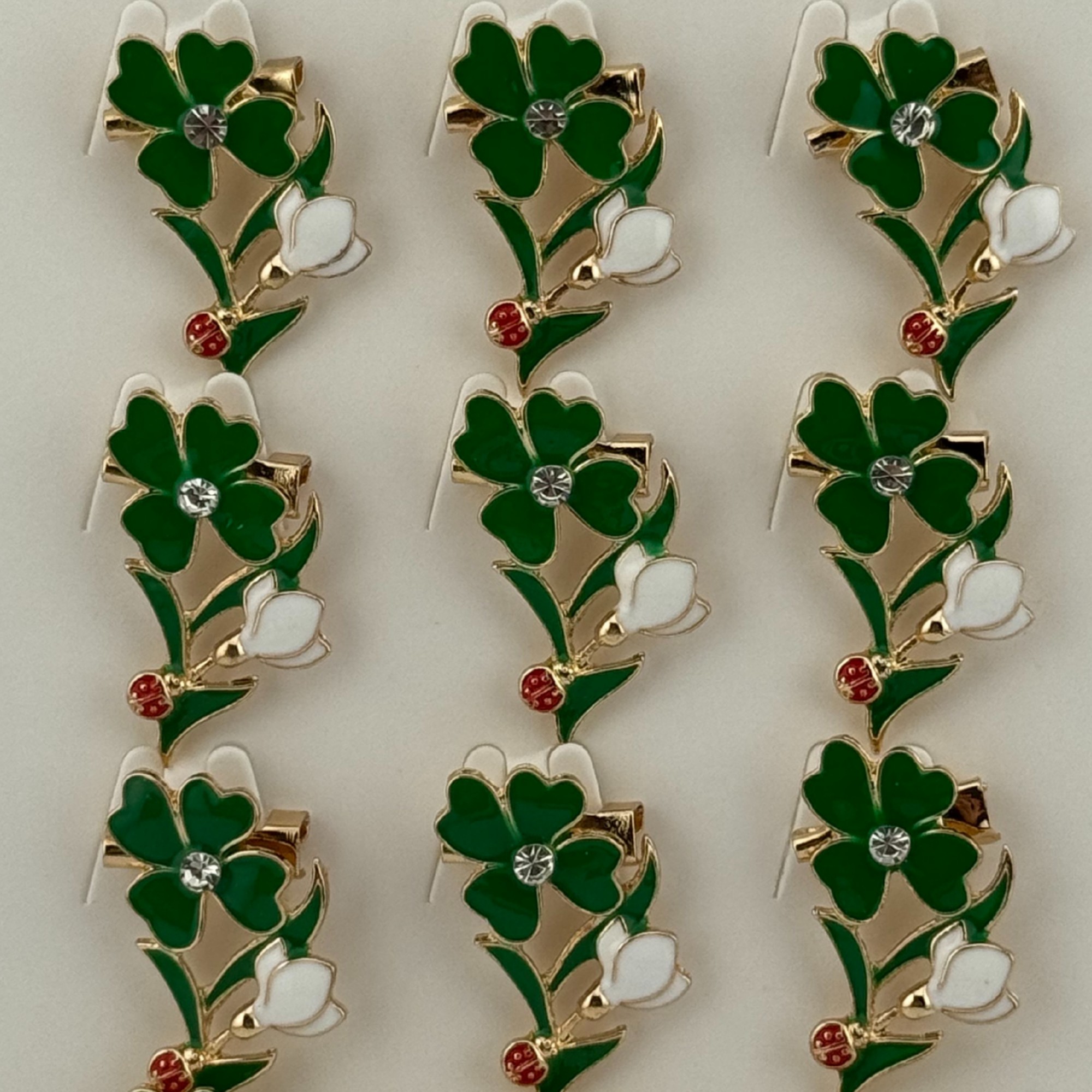 Set 12 Brose Martisor Primavara, Jolie, Model Trifoi cu Piatra in Centru si Buburuza