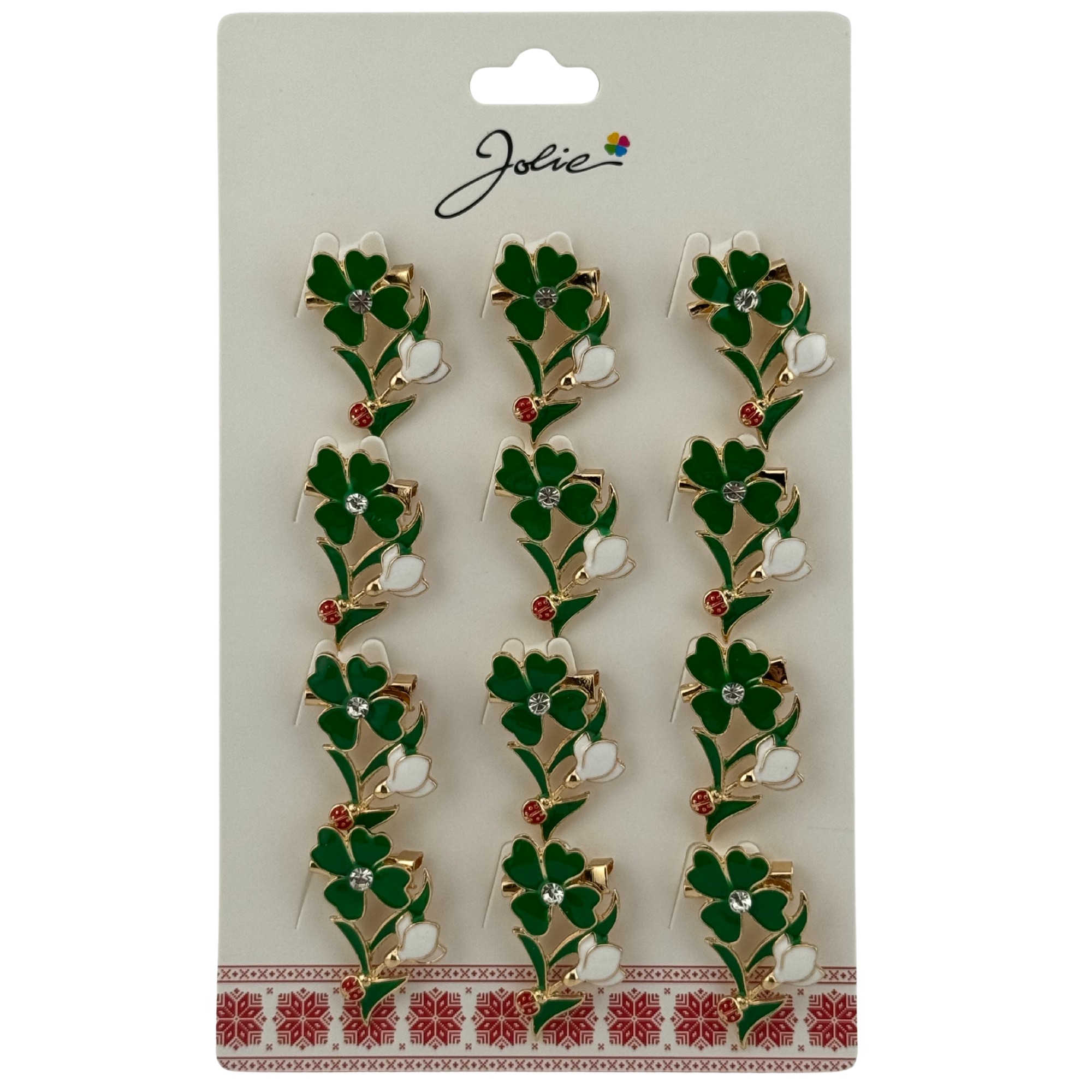 Set 12 Brose Martisor Primavara, Jolie, Model Trifoi cu Piatra in Centru si Buburuza