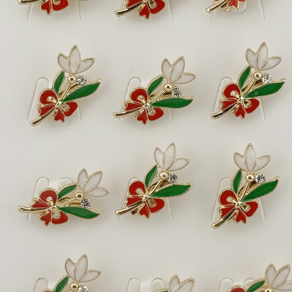 Set 12 Brose Martisor cu Ghiocel de Primavara si Fundita Rosie, Jolie, Brose din Metal, Aspect Lacuit, 2 x 2 cm per Unitate, Multicolor