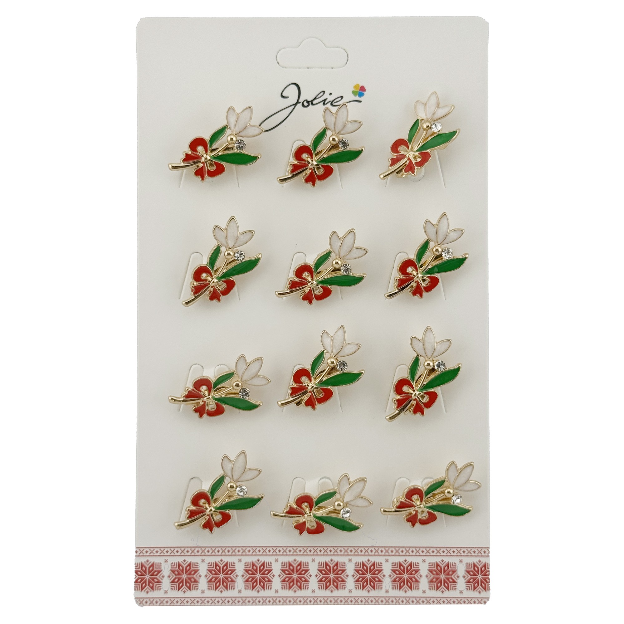 Set 12 Brose Martisor cu Ghiocel de Primavara si Fundita Rosie, Jolie, Brose din Metal, Aspect Lacuit, 2 x 2 cm per Unitate, Multicolor
