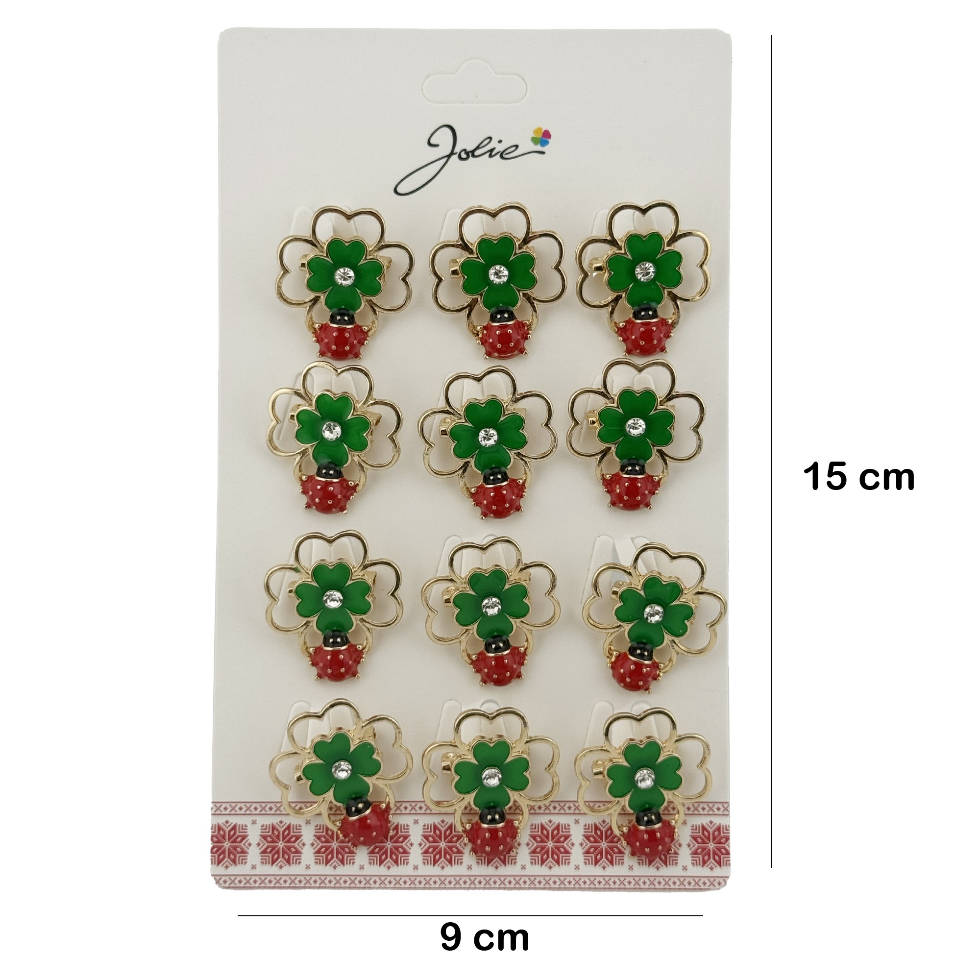 Set 12 Brose Martisor de Primavara Margareta cu Fluture si Buburuza, Jolie, Brose din Metal, Aspect Lacuit, 2,5 x 2,5 cm per Unitate, Rosu/Verde