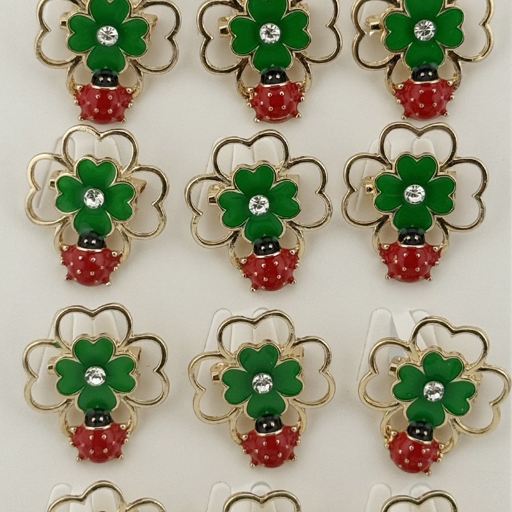 Set 12 Brose Martisor de Primavara Margareta cu Fluture si Buburuza, Jolie, Brose din Metal, Aspect Lacuit, 2,5 x 2,5 cm per Unitate, Rosu/Verde