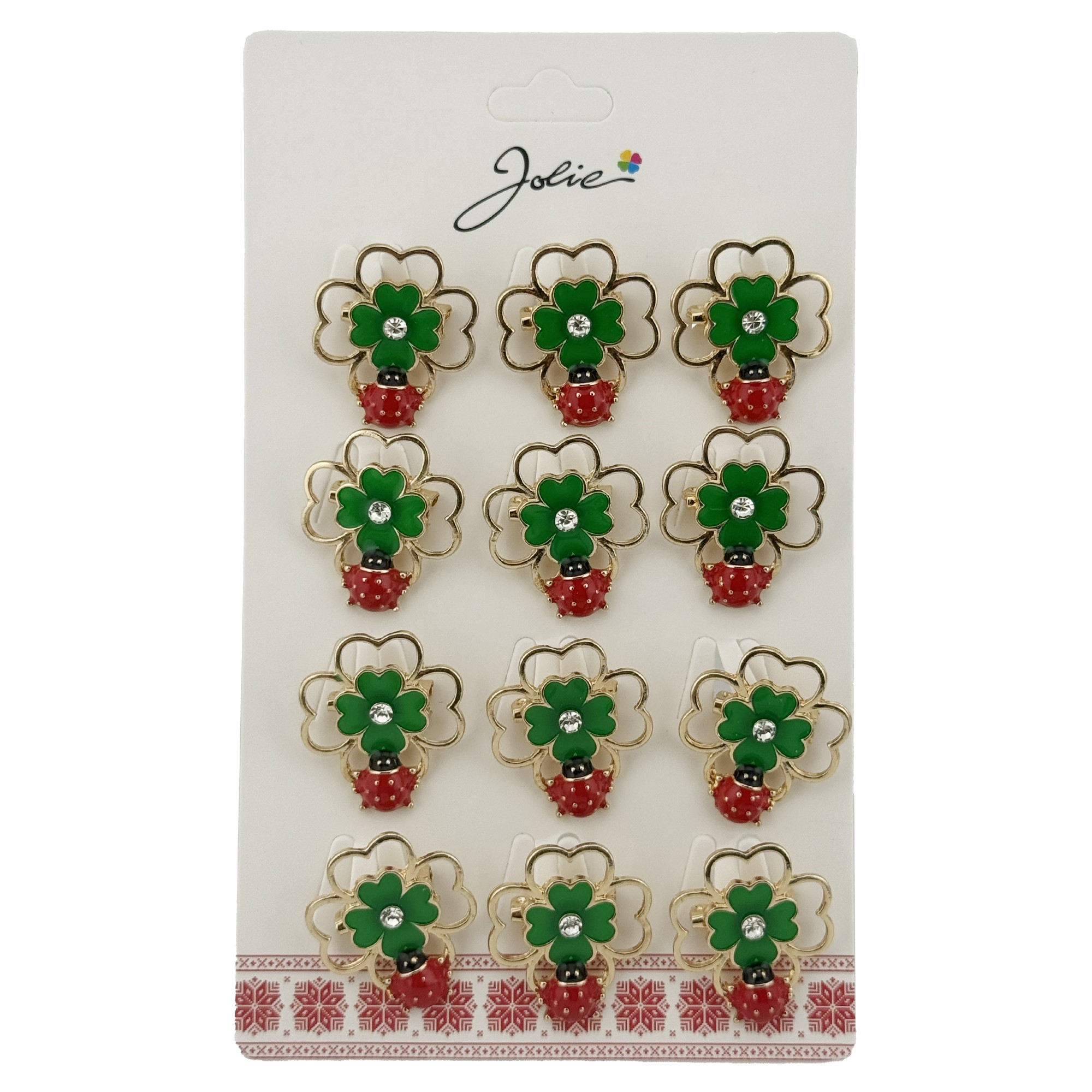 Set 12 Brose Martisor de Primavara Margareta cu Fluture si Buburuza, Jolie, Brose din Metal, Aspect Lacuit, 2,5 x 2,5 cm per Unitate, Rosu/Verde