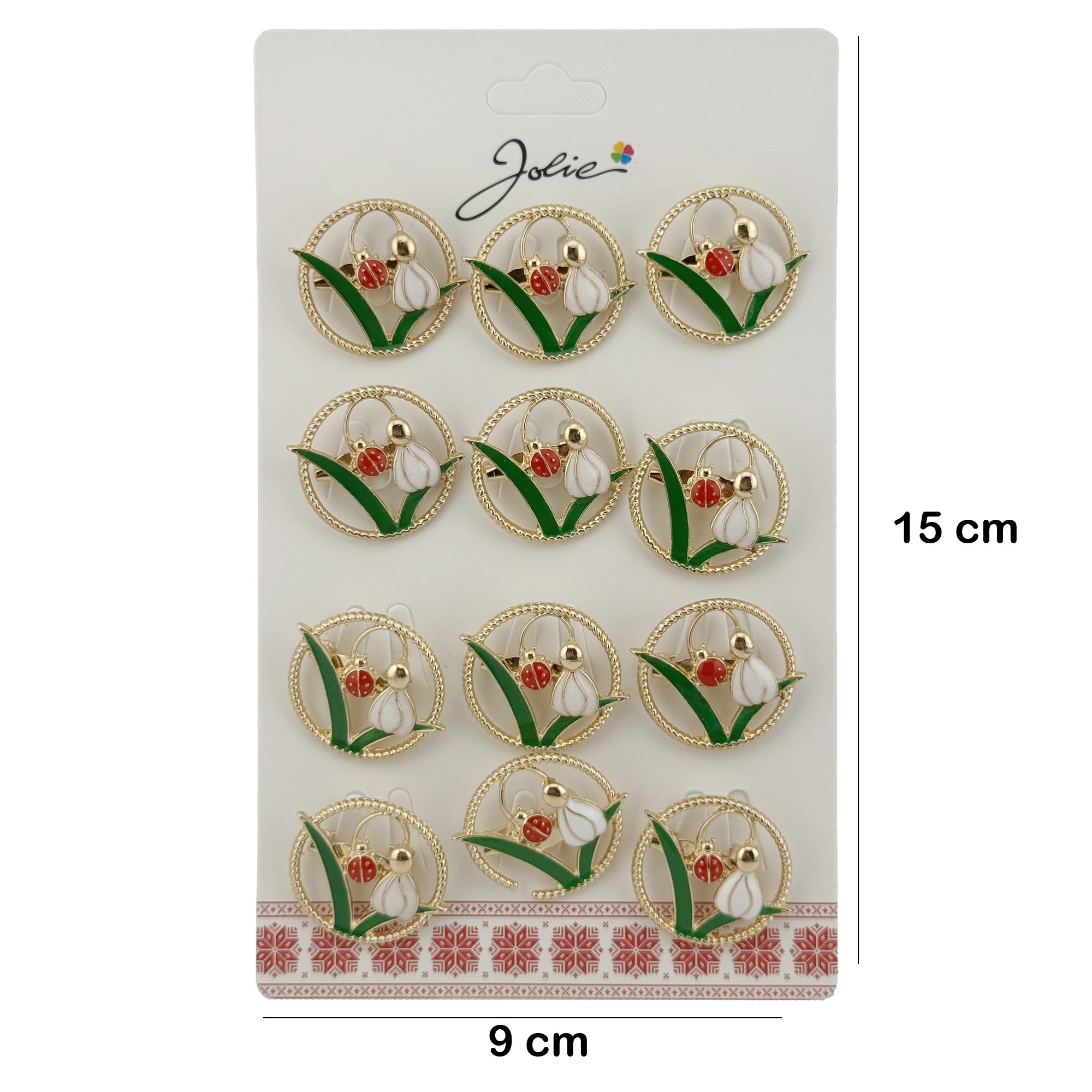 Set 12 Brose Martisor Primavara Ghiocel cu Buburuza in Cerc, Jolie, Brose din Metal, Aspect Lacuit, 2 x 2 cm per Unitate, Verde/Alb