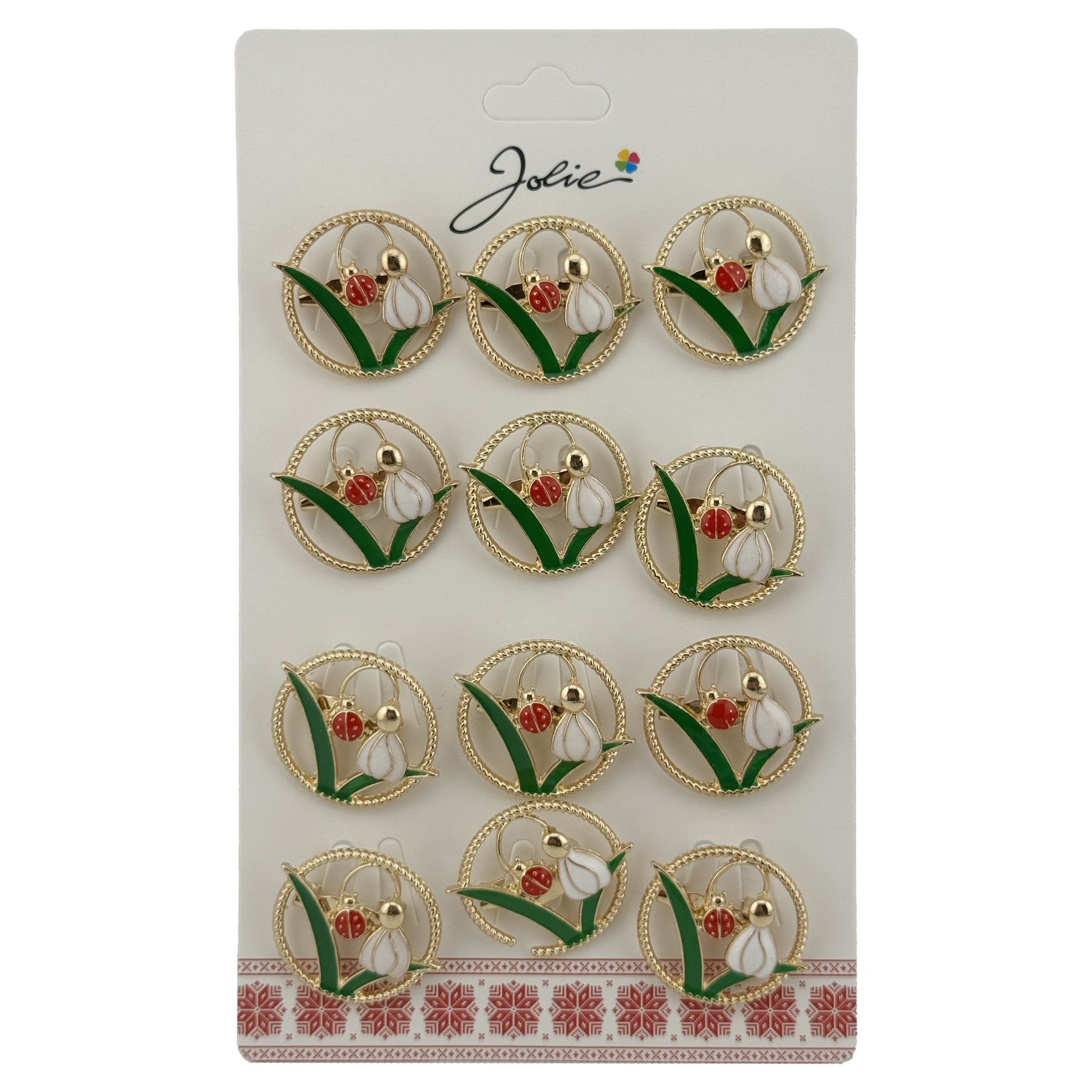 Set 12 Brose Martisor Primavara Ghiocel cu Buburuza in Cerc, Jolie, Brose din Metal, Aspect Lacuit, 2 x 2 cm per Unitate, Verde/Alb