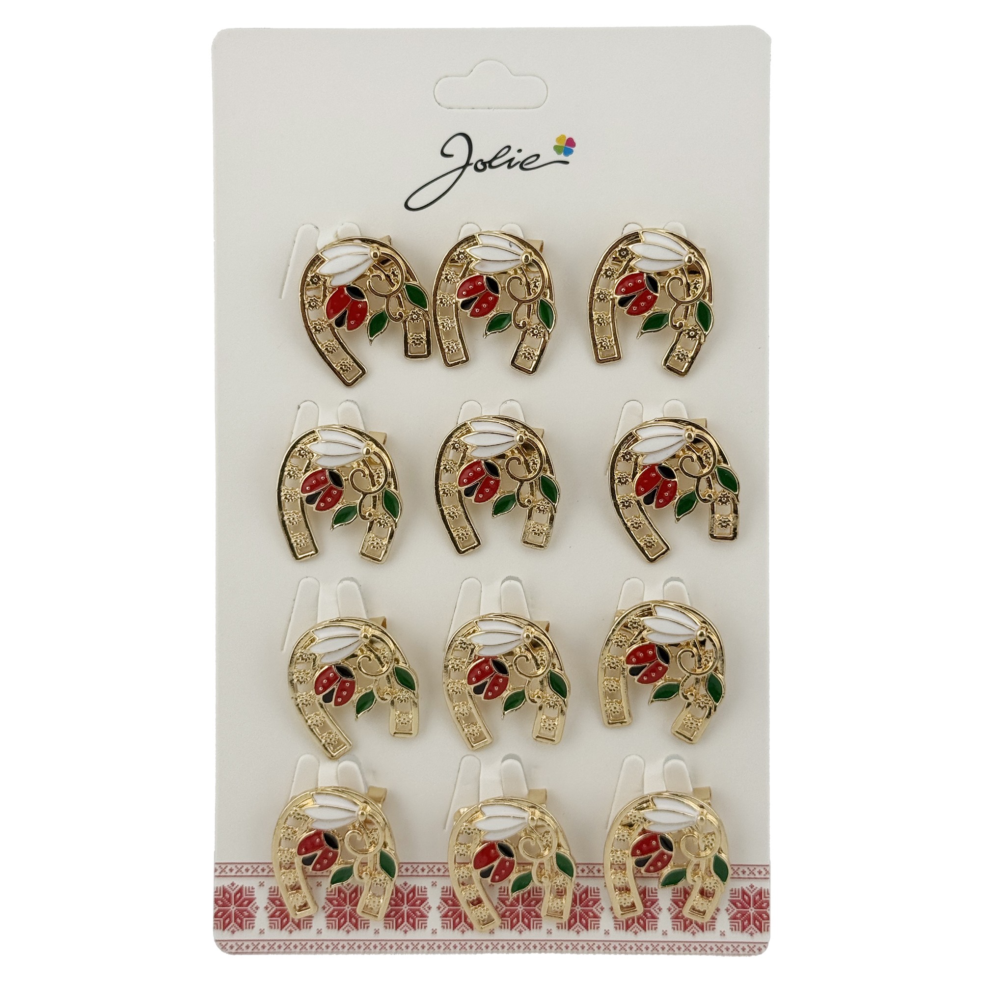 Set 12 Brose Martisor Primavara Potcoava cu Ghiocel si Buburuza, Jolie, Brose din Metal, Aspect Lacuit, 2 x 2 cm per Unitate, Auriu