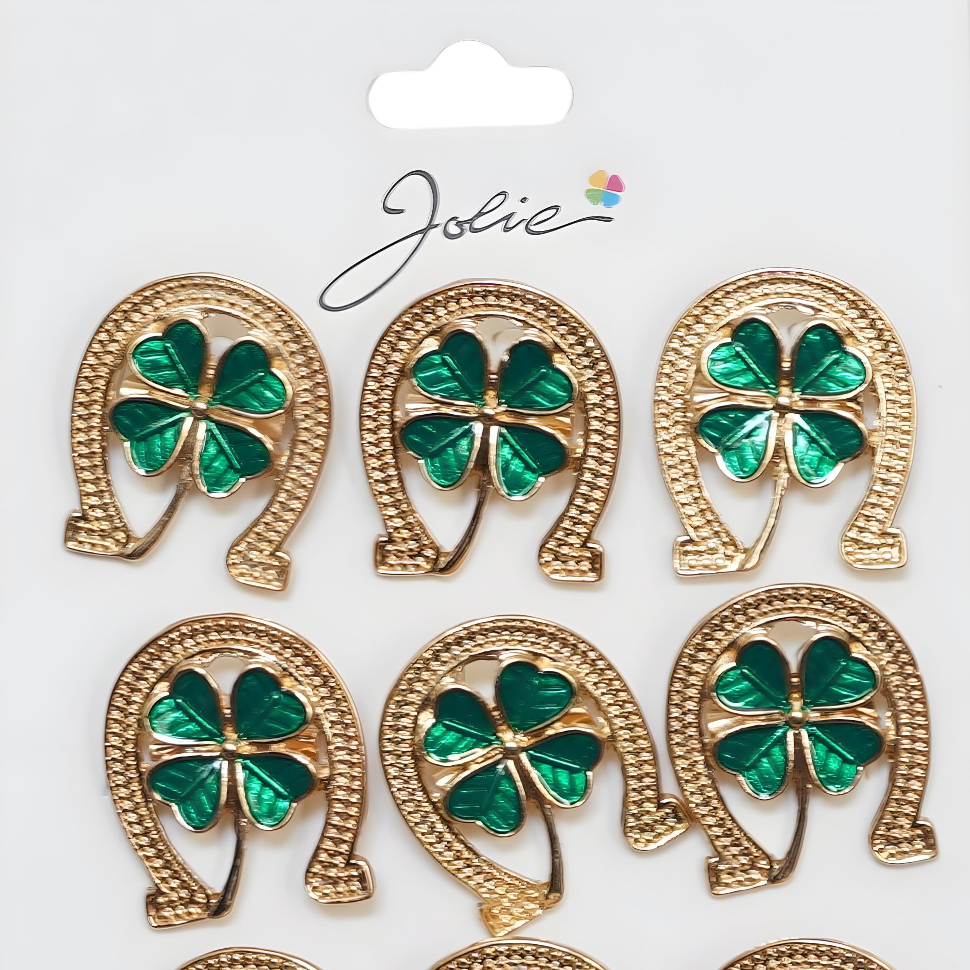 Brose Martisor Primavara, Jolie, Set 12 Bucati, Model Potcoava cu Trifoi, Brosa din Metal, 3 x 2 cm per Bucata, Auriu/Verde
