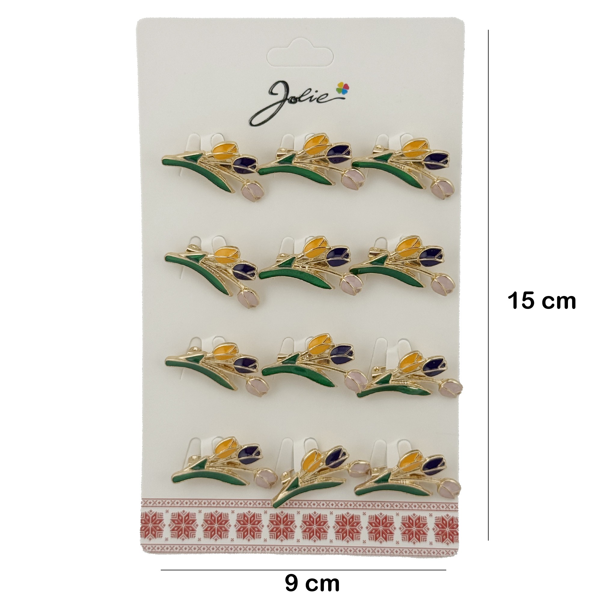 Set 12 Brose Martisor de Primavara cu Buchet de Lalele, Jolie, Brose din Metal, Aspect Lacuit, 2,5 x 1,5 cm per Unitate, Verde