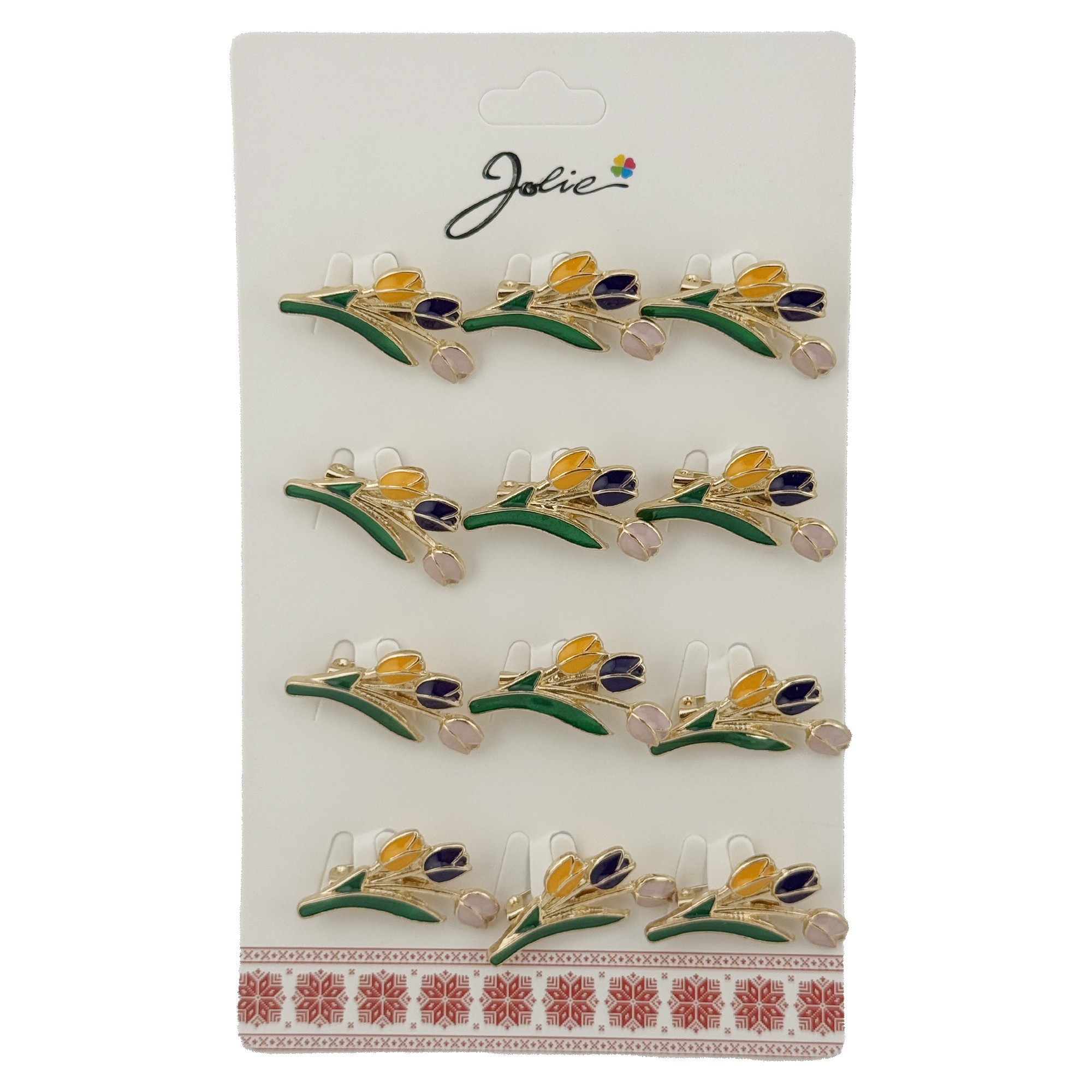 Set 12 Brose Martisor de Primavara cu Buchet de Lalele, Jolie, Brose din Metal, Aspect Lacuit, 2,5 x 1,5 cm per Unitate, Verde