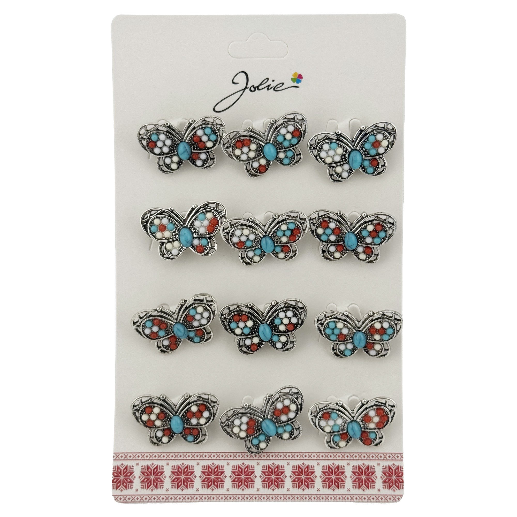 Brose Martisor Primavara, Jolie, Set 12 Bucati, Model Fluture cu Pietre, Brosa din Metal, 3 x 2 cm per Bucata, Argintiu