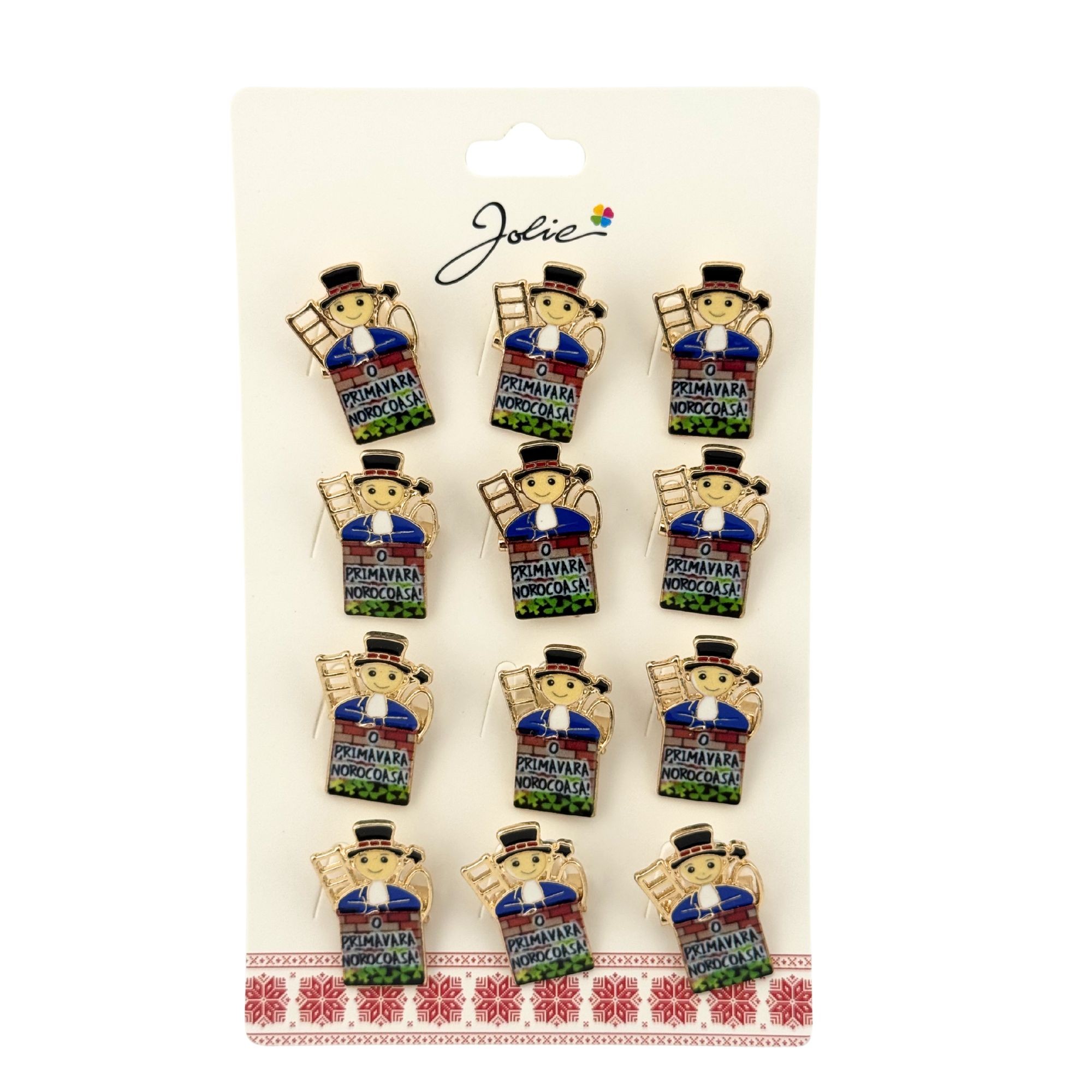 Brose Martisor Primavara, Jolie, Set 12 Bucati, Model Cosar cu Mesaj Primavara, Brosa din Metal, 3 x 2 cm per Bucata, Multicolor