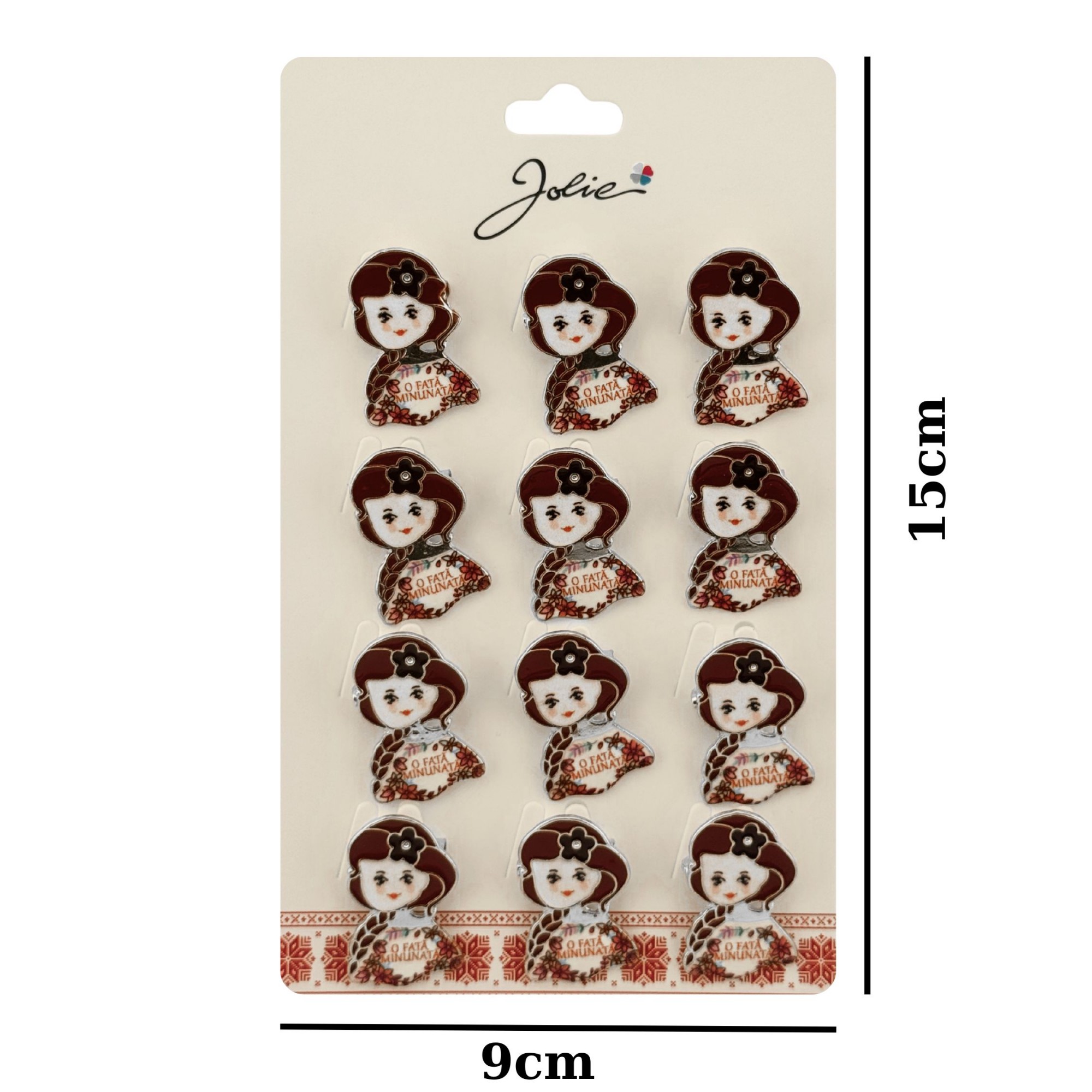 Brose Martisor Primavara, Jolie, Set 12 Bucati, Model cu Mesaj O Fata Minunata, Brosa din Metal, 3 x 2 cm per Bucata, Rosu inchis