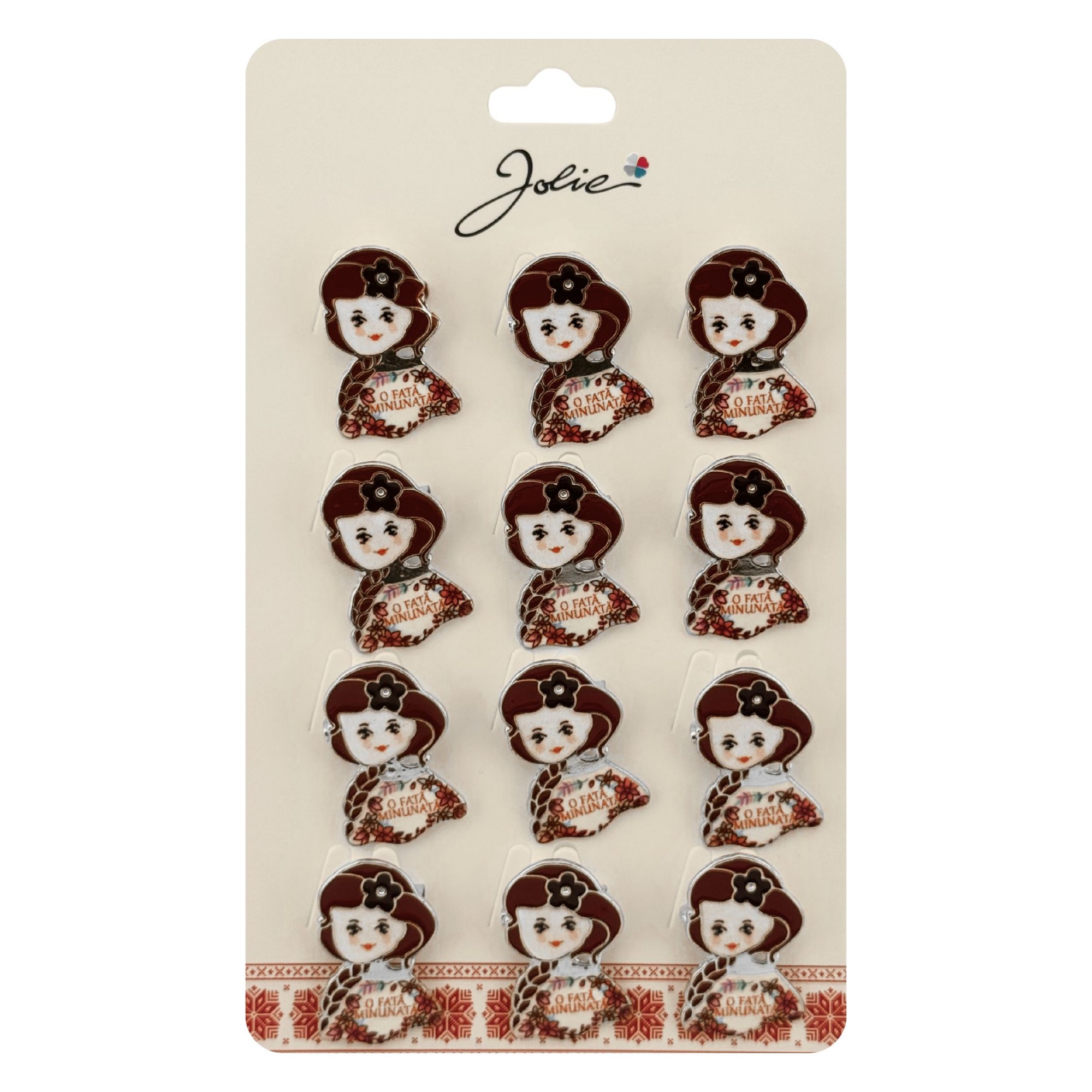 Brose Martisor Primavara, Jolie, Set 12 Bucati, Model cu Mesaj O Fata Minunata, Brosa din Metal, 3 x 2 cm per Bucata, Rosu inchis